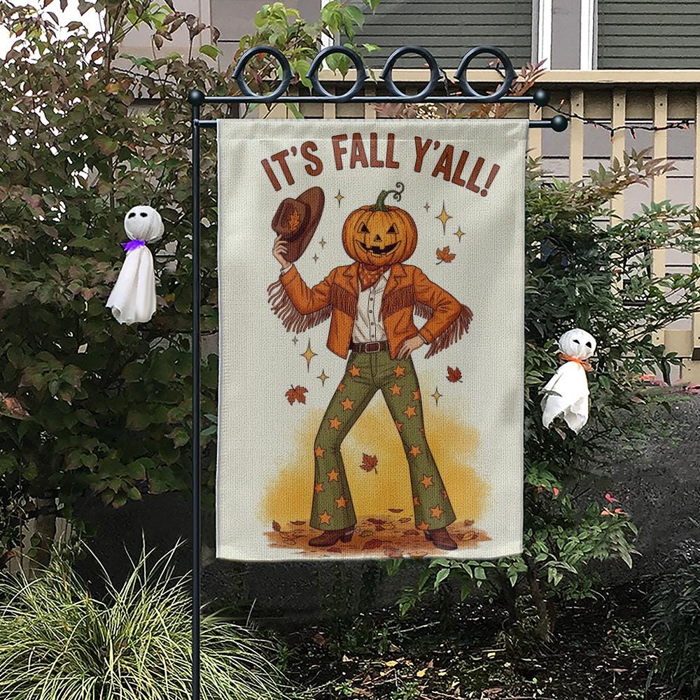 It's Fall Y'all Garden Flag, Pumpkin Head Cowboy Decor, Western Fall Yard Flag, Retro Autumn Porch Sign, Funny Fall Outdoor Decor