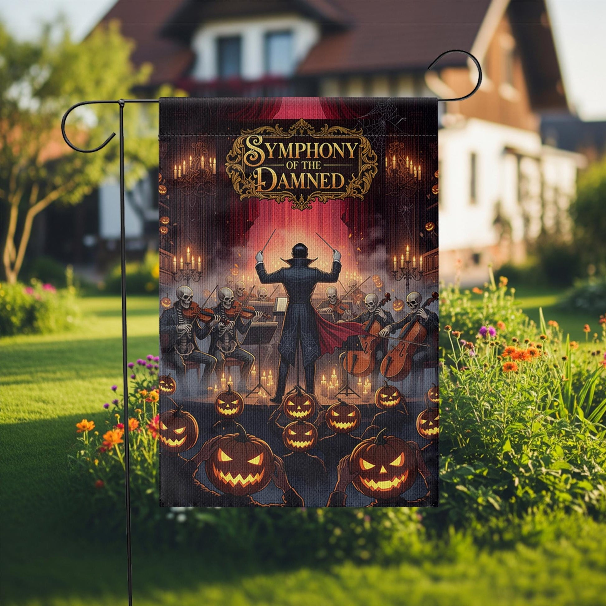 Halloween Garden Flag – Symphony of the Damned Skeleton Music Decor – Spooky Pumpkin Yard Banner