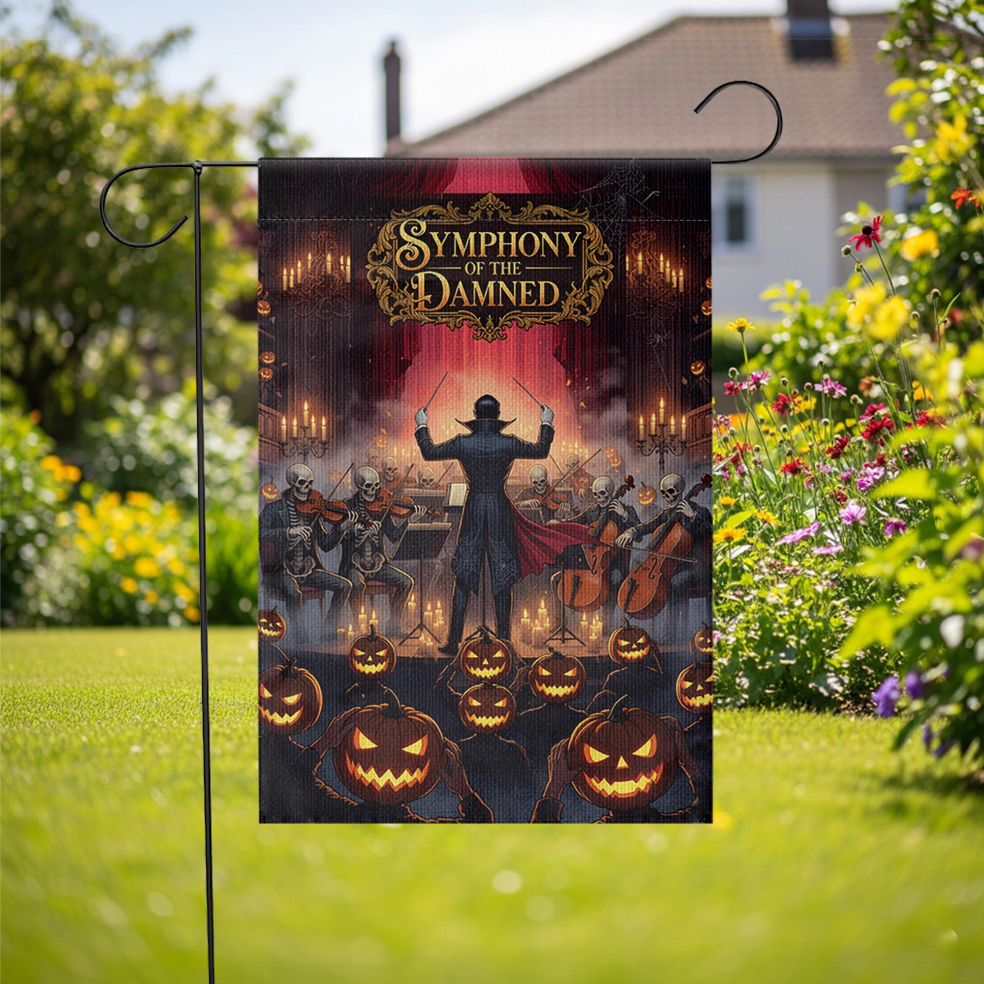 Halloween Garden Flag – Symphony of the Damned Skeleton Music Decor – Spooky Pumpkin Yard Banner