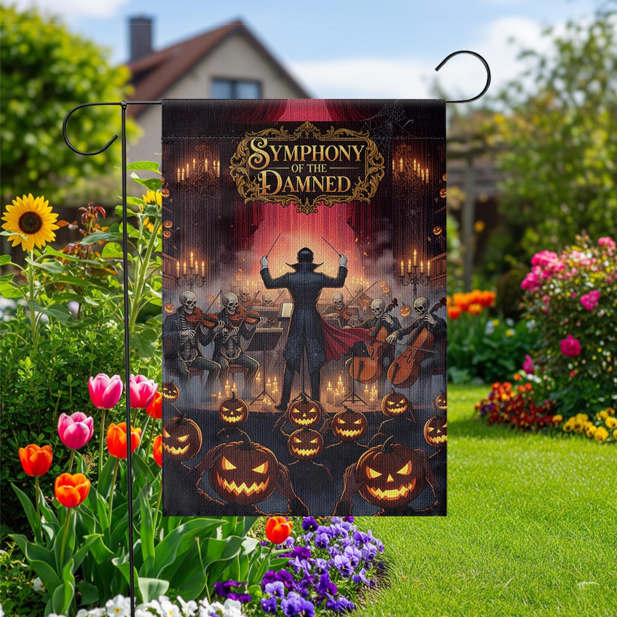 Halloween Garden Flag – Symphony of the Damned Skeleton Music Decor – Spooky Pumpkin Yard Banner