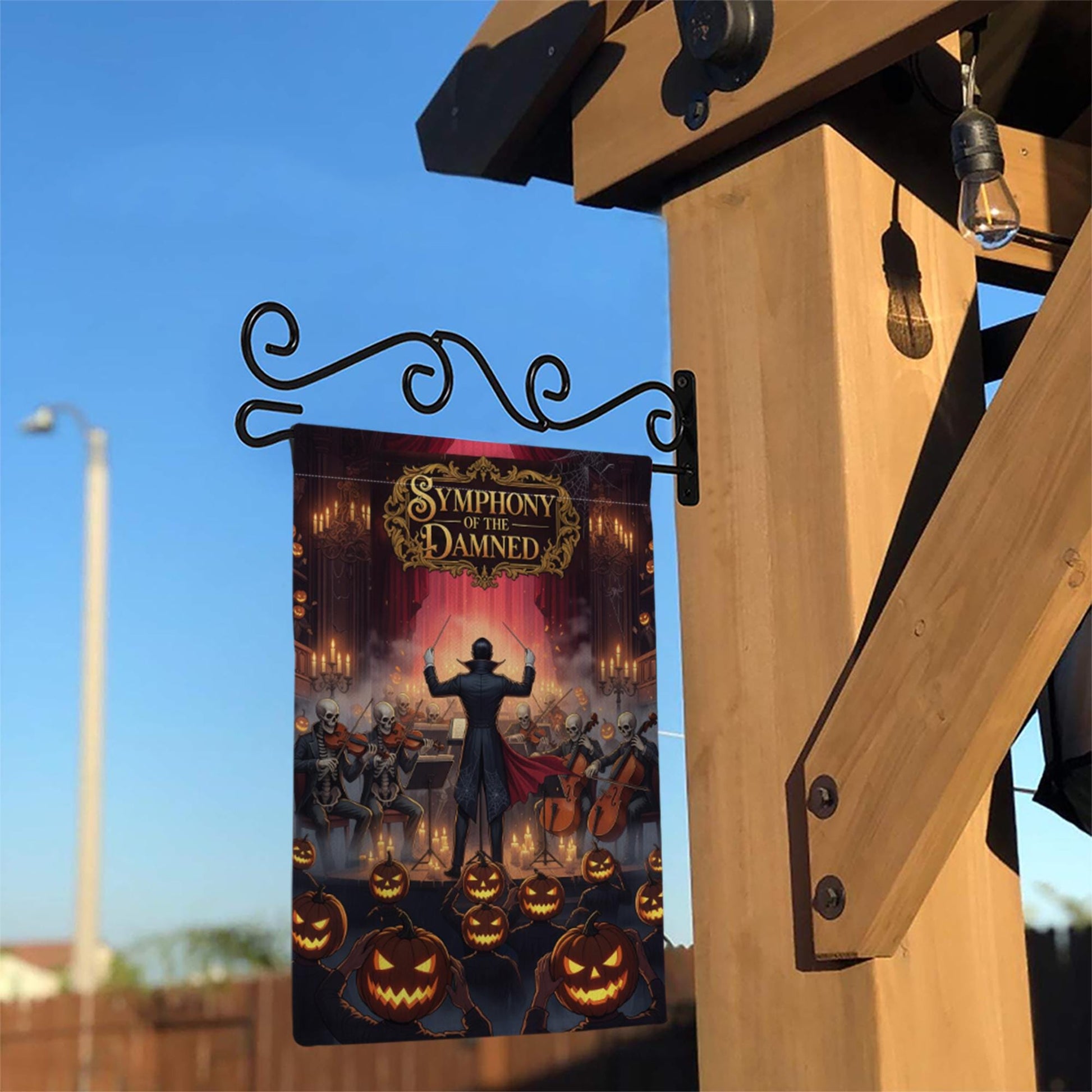 Halloween Garden Flag – Symphony of the Damned Skeleton Music Decor – Spooky Pumpkin Yard Banner