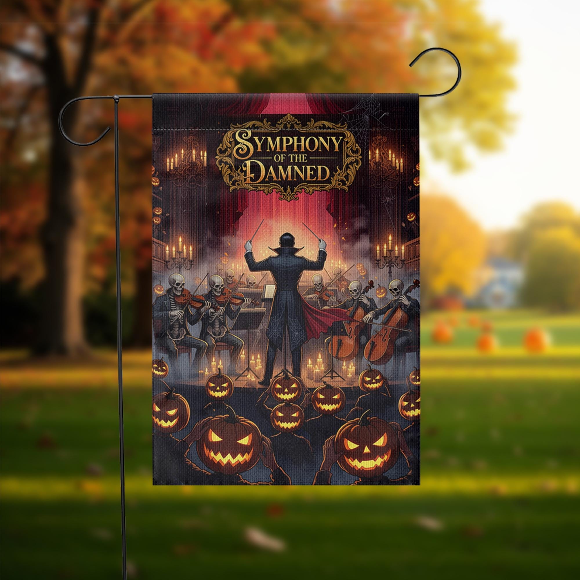 Halloween Garden Flag – Symphony of the Damned Skeleton Music Decor – Spooky Pumpkin Yard Banner