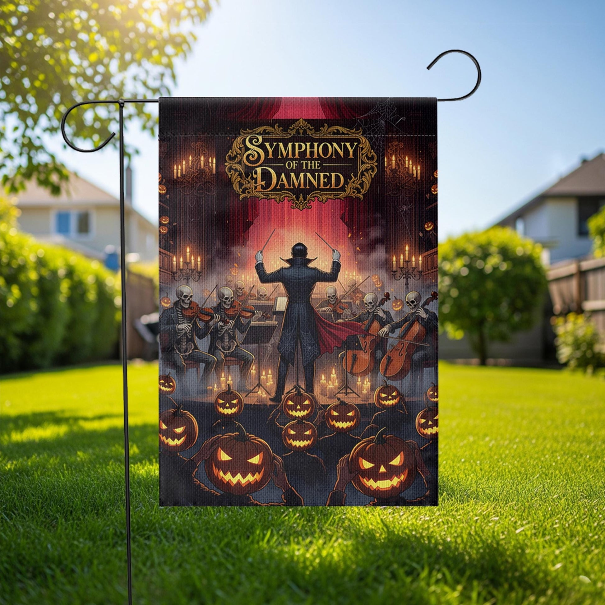 Halloween Garden Flag – Symphony of the Damned Skeleton Music Decor – Spooky Pumpkin Yard Banner