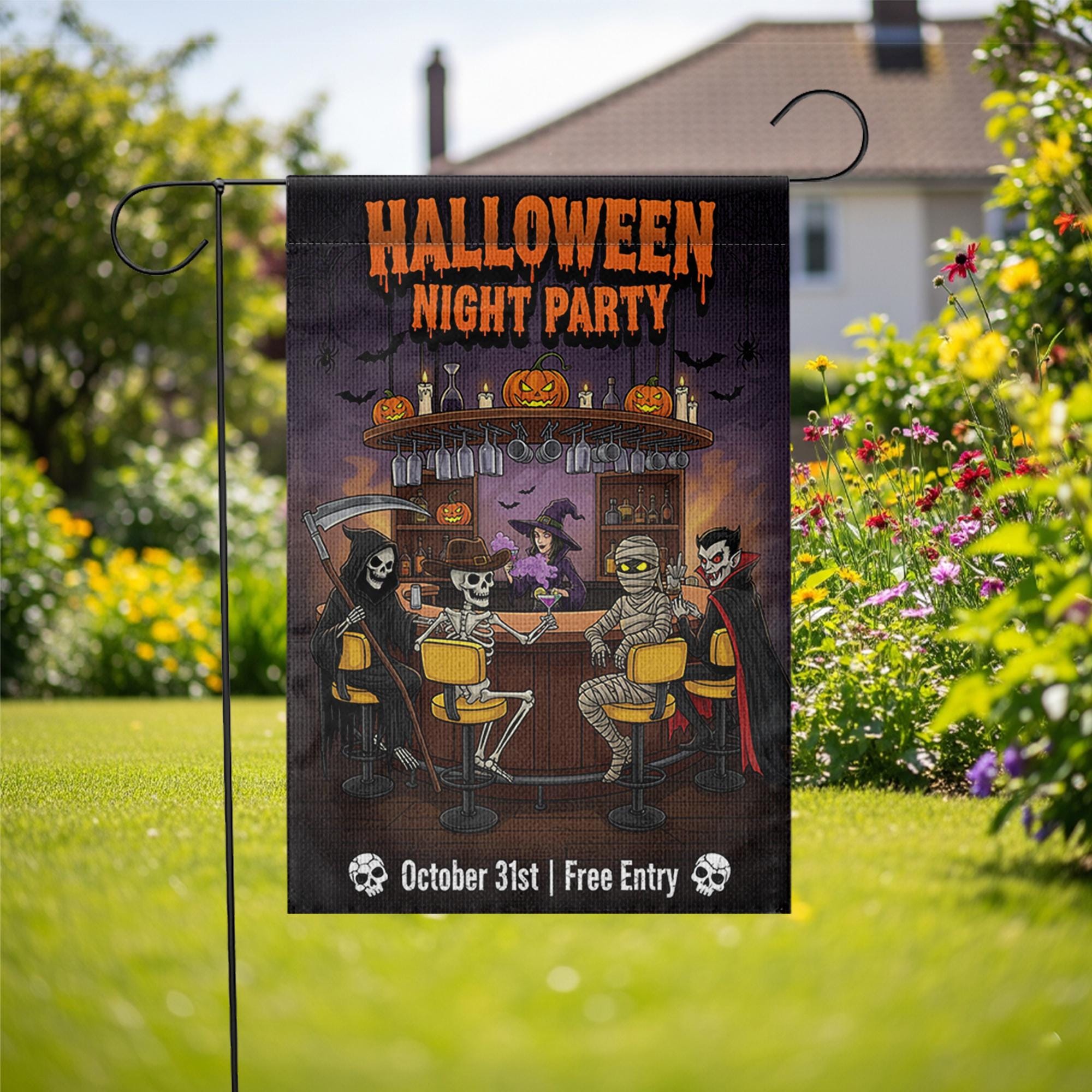 Halloween Night Party Garden Flag – Funny Skeleton Vampire Bar Decor – October 31 Yard Sign