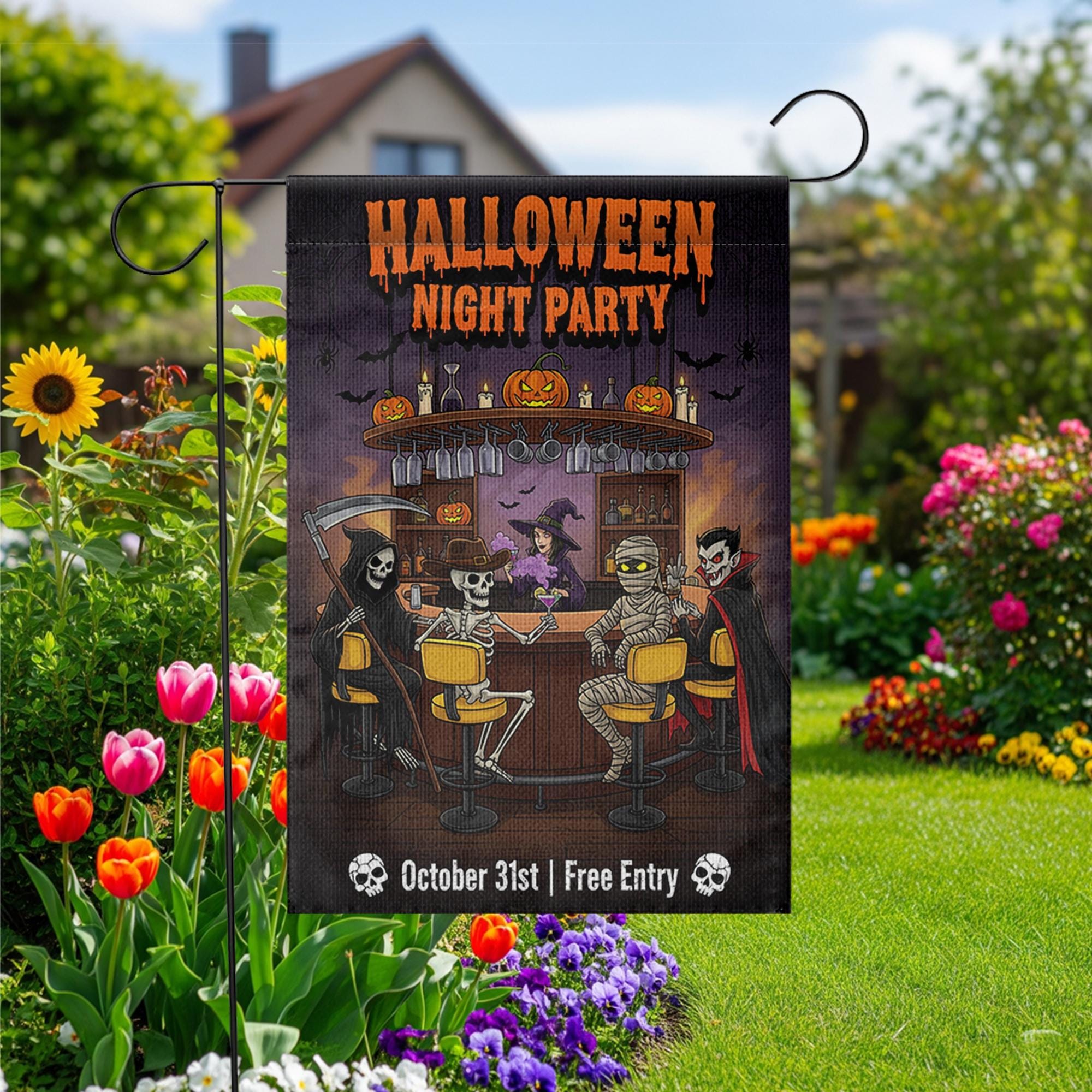 Halloween Night Party Garden Flag – Funny Skeleton Vampire Bar Decor – October 31 Yard Sign