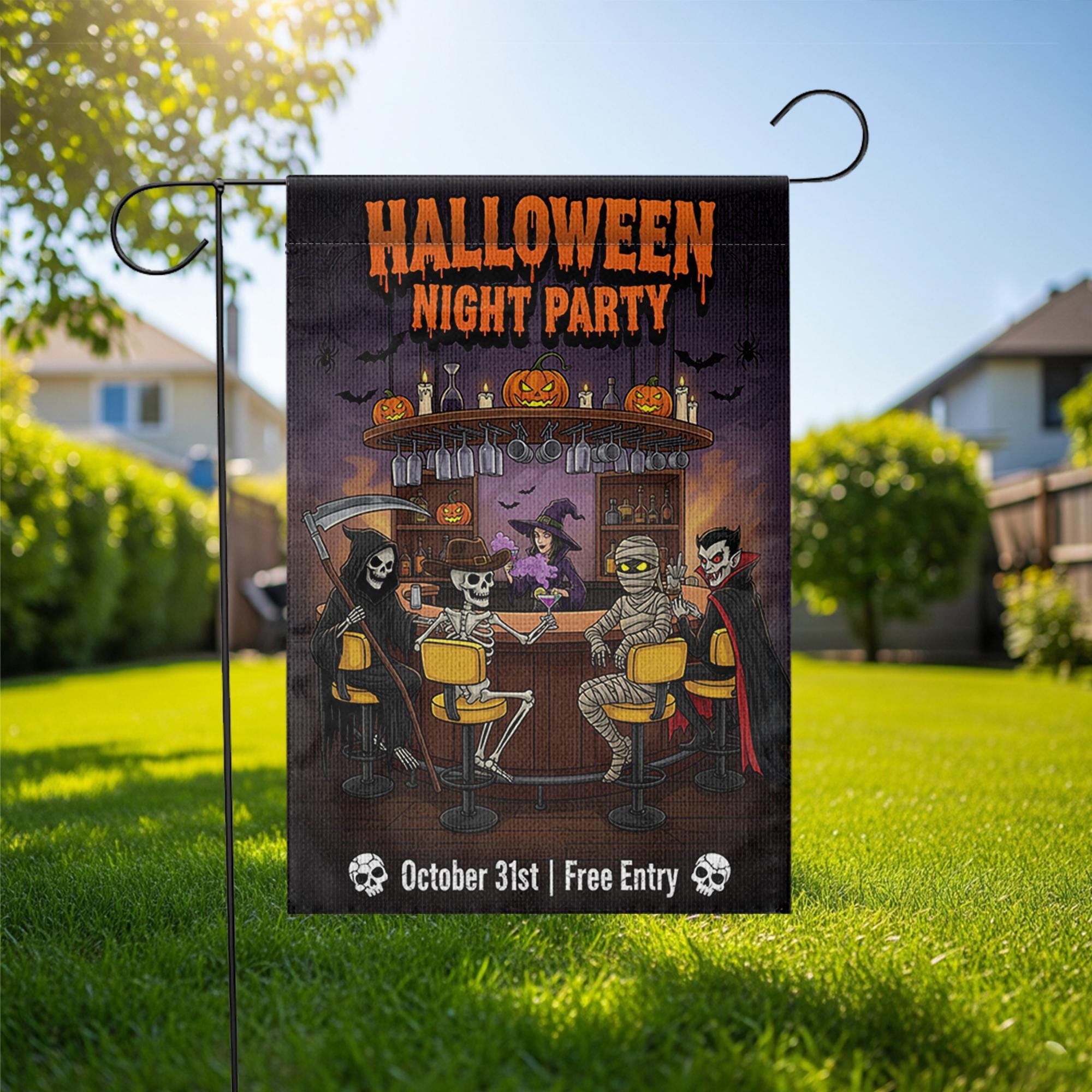 Halloween Night Party Garden Flag – Funny Skeleton Vampire Bar Decor – October 31 Yard Sign