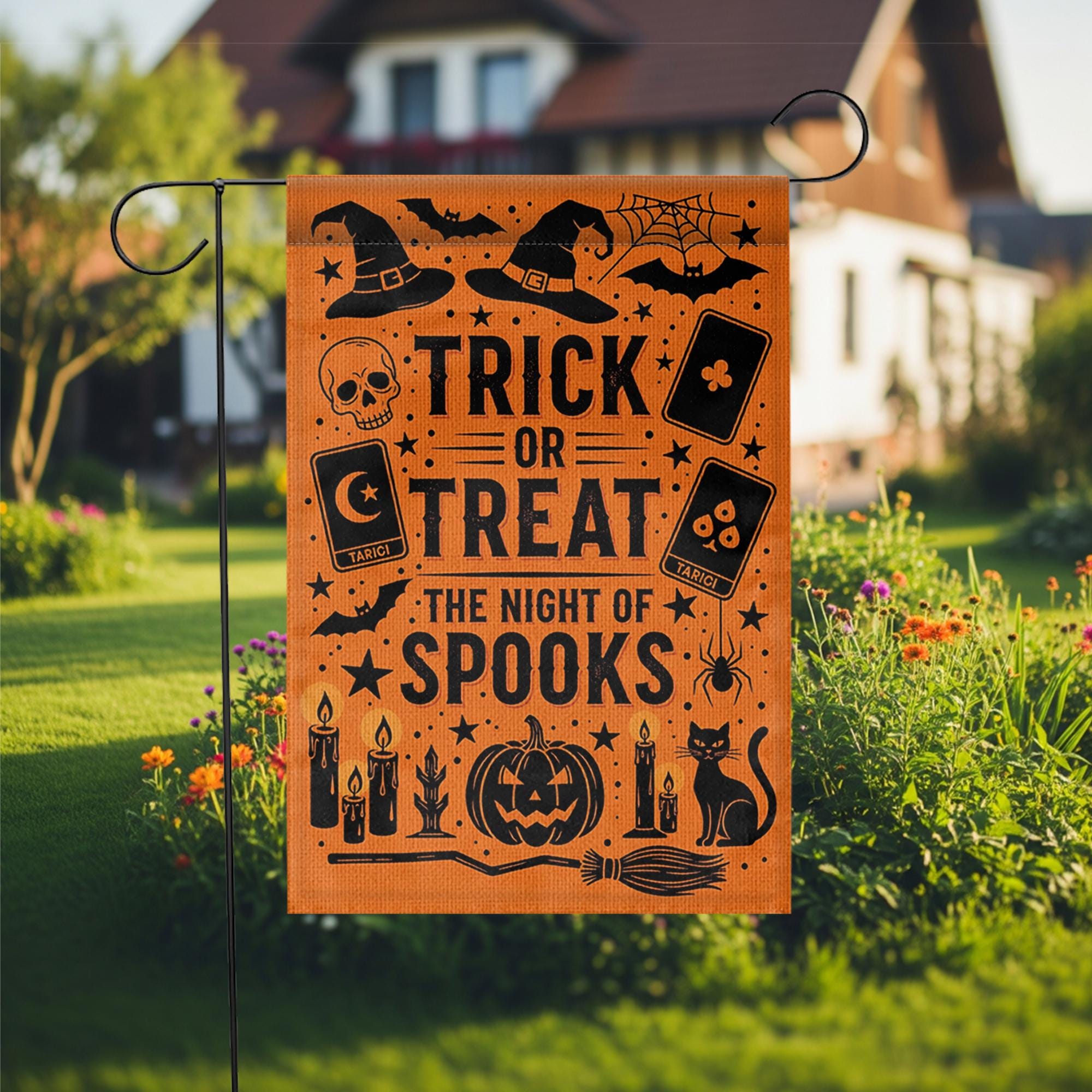 Trick or Treat Halloween Garden Flag – Night of Spooks Orange Yard Sign – Witch Black Cat Decor