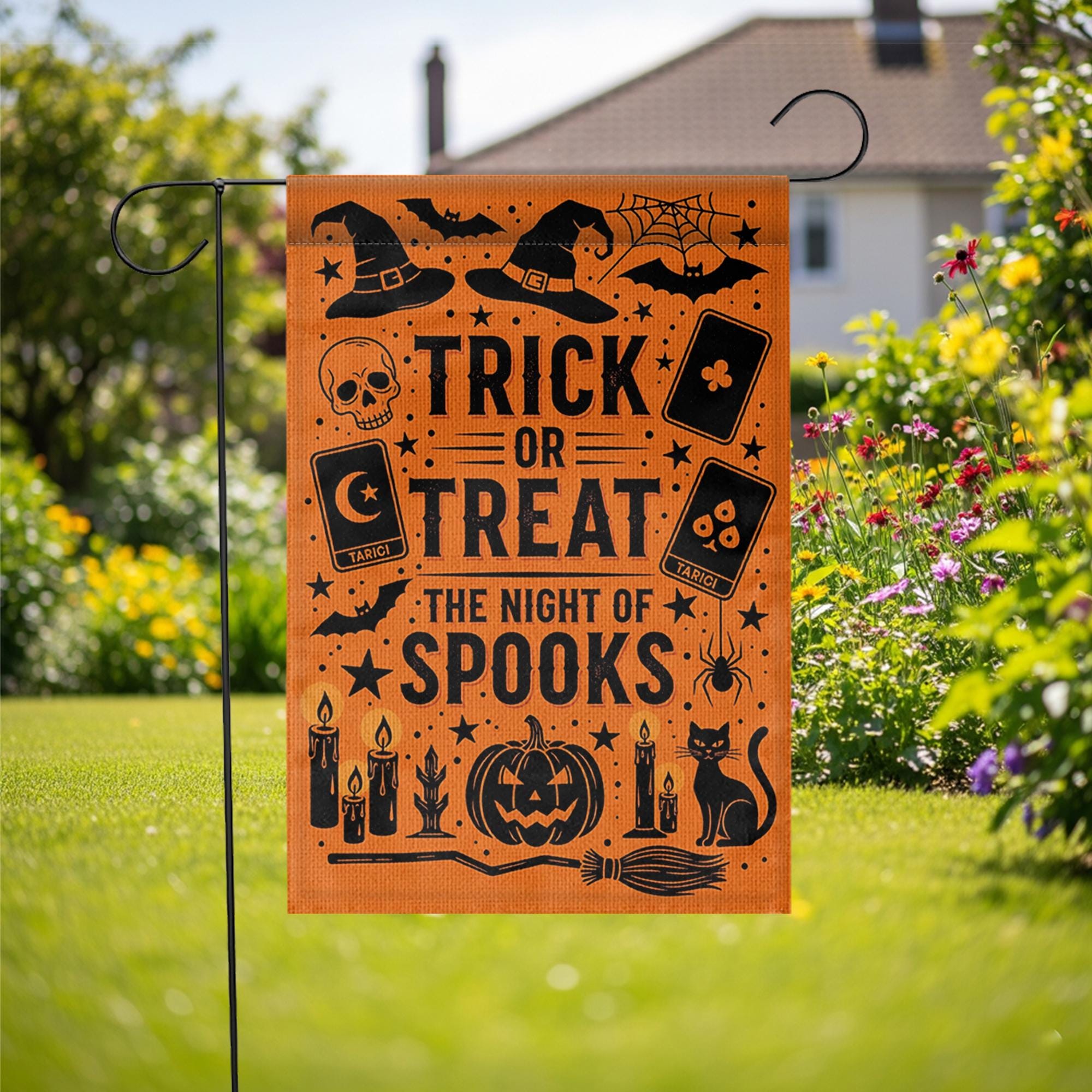 Trick or Treat Halloween Garden Flag – Night of Spooks Orange Yard Sign – Witch Black Cat Decor