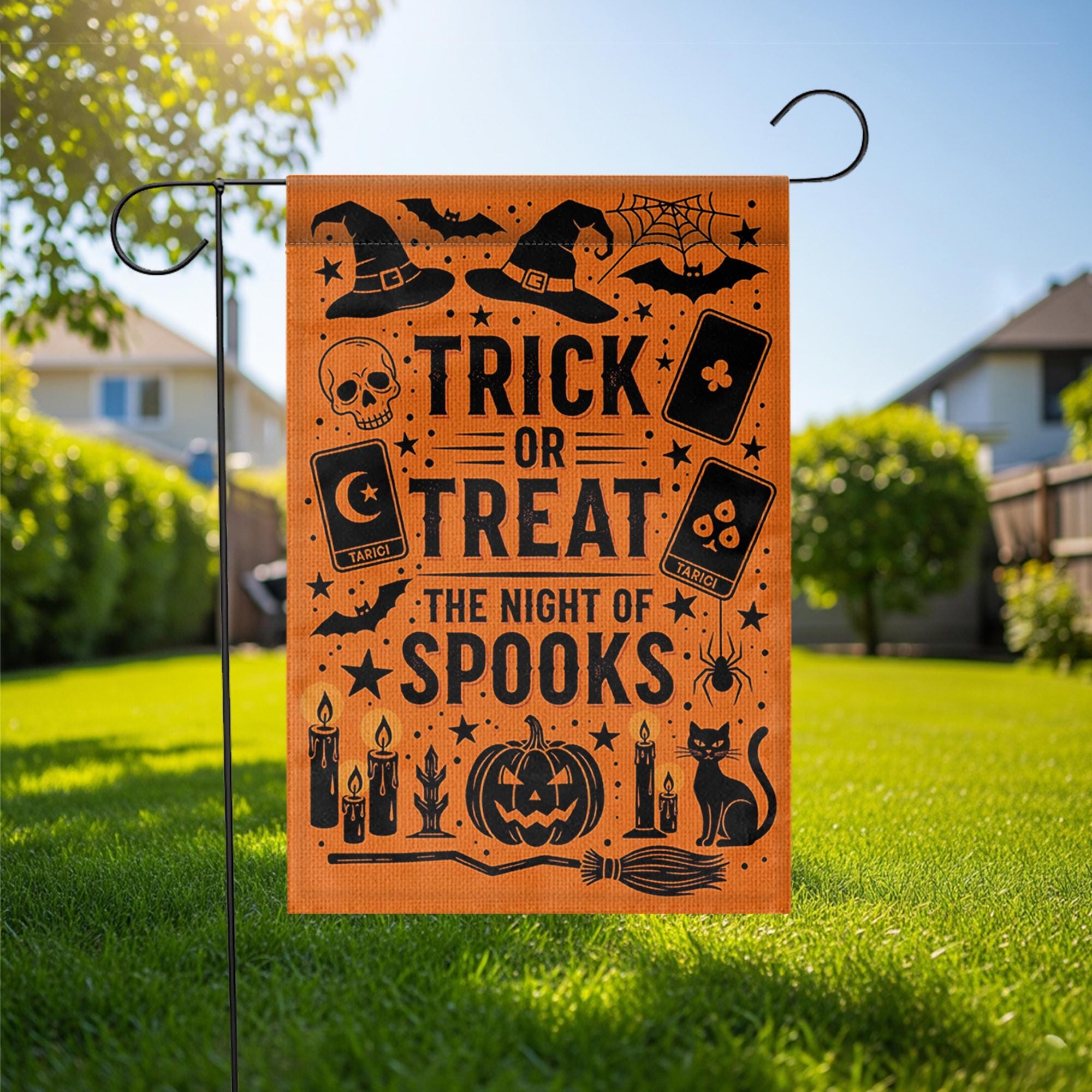 Trick or Treat Halloween Garden Flag – Night of Spooks Orange Yard Sign – Witch Black Cat Decor