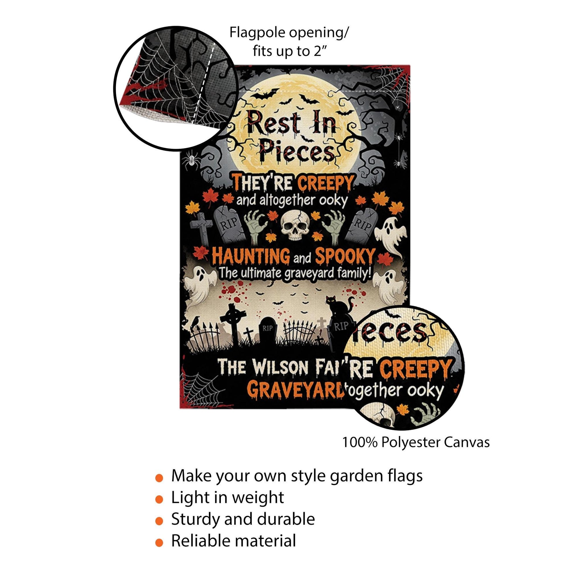 Rest in Pieces Halloween Graveyard Garden Flag – Creepy Family Name Yard Sign – Spooky Outdoor Decor