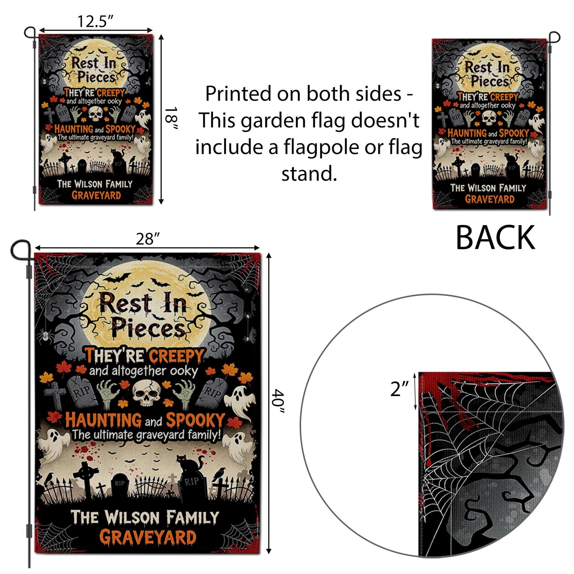 Rest in Pieces Halloween Graveyard Garden Flag – Creepy Family Name Yard Sign – Spooky Outdoor Decor