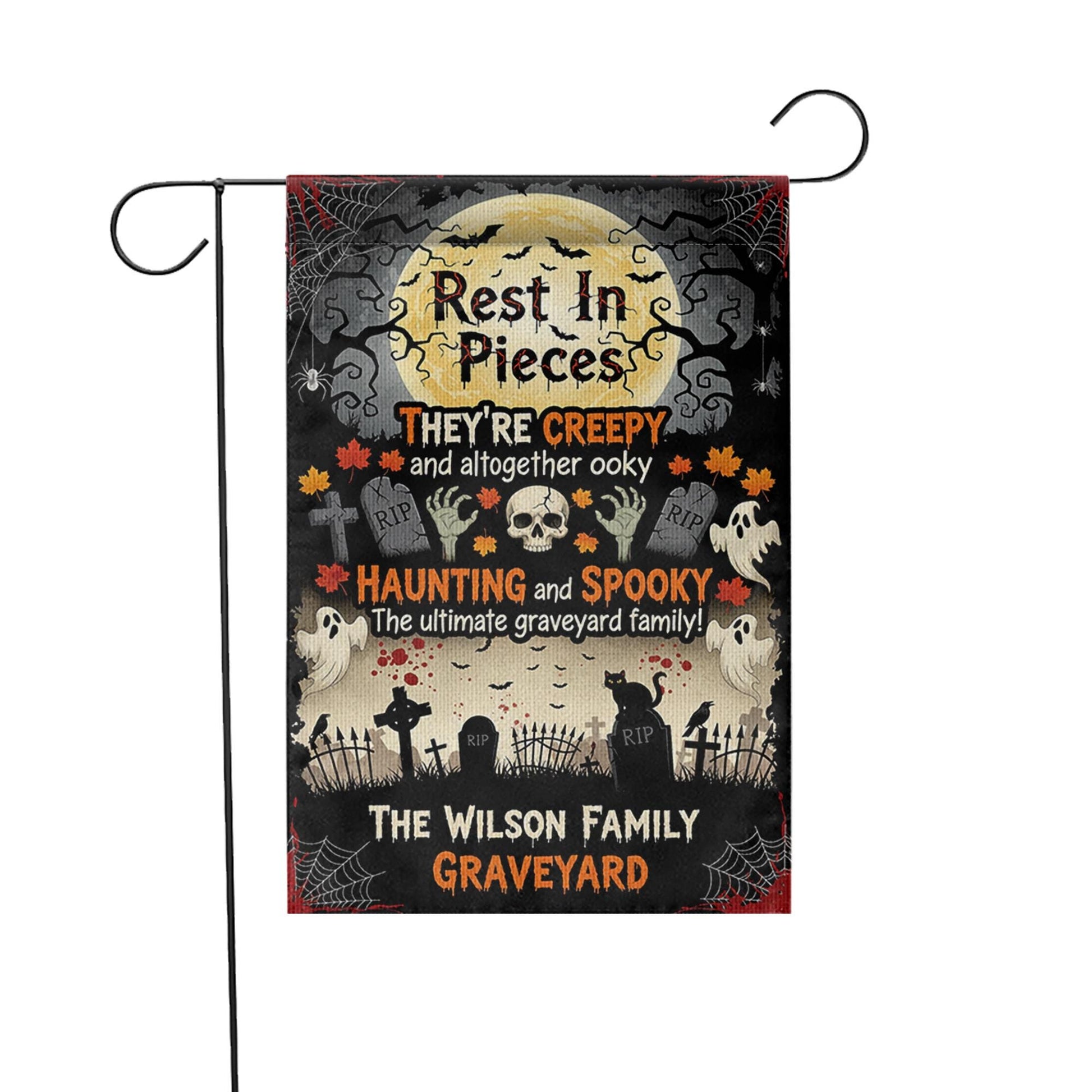 Rest in Pieces Halloween Graveyard Garden Flag – Creepy Family Name Yard Sign – Spooky Outdoor Decor