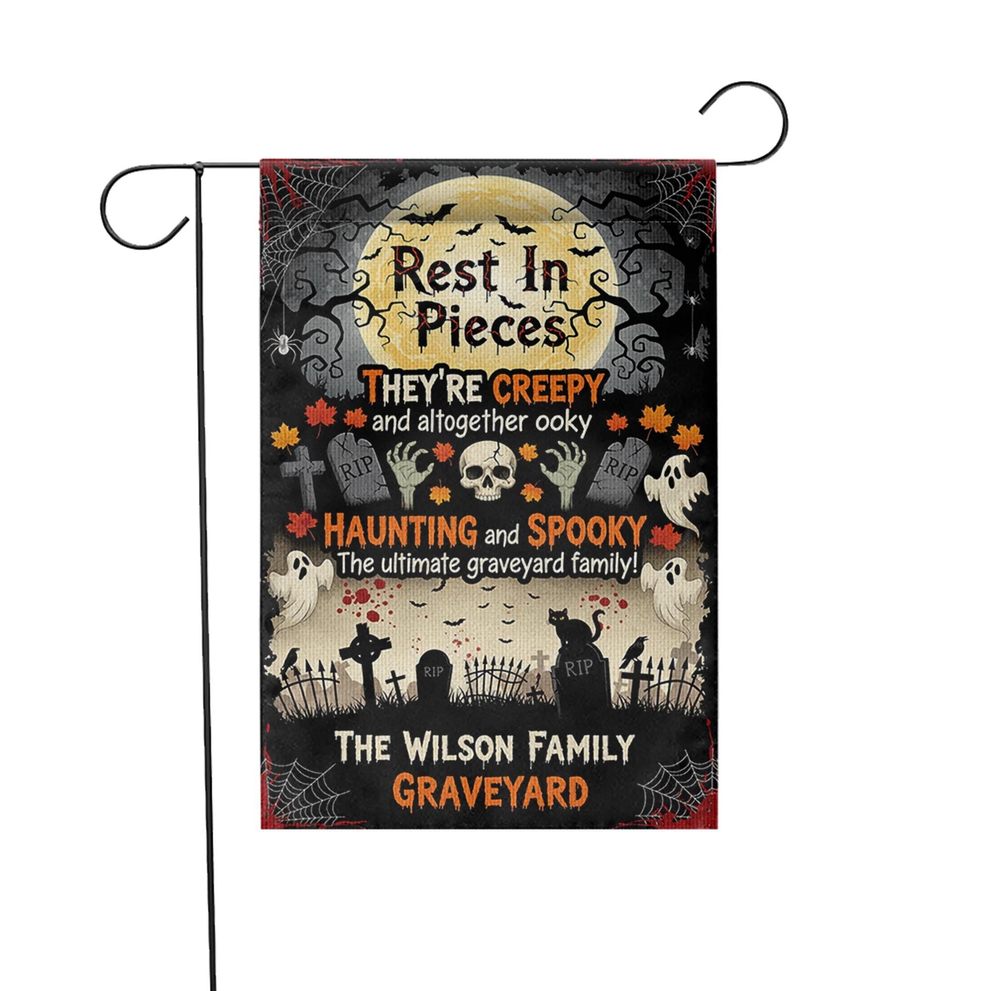 Rest in Pieces Halloween Graveyard Garden Flag – Creepy Family Name Yard Sign – Spooky Outdoor Decor