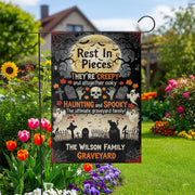 Rest in Pieces Halloween Graveyard Garden Flag – Creepy Family Name Yard Sign – Spooky Outdoor Decor