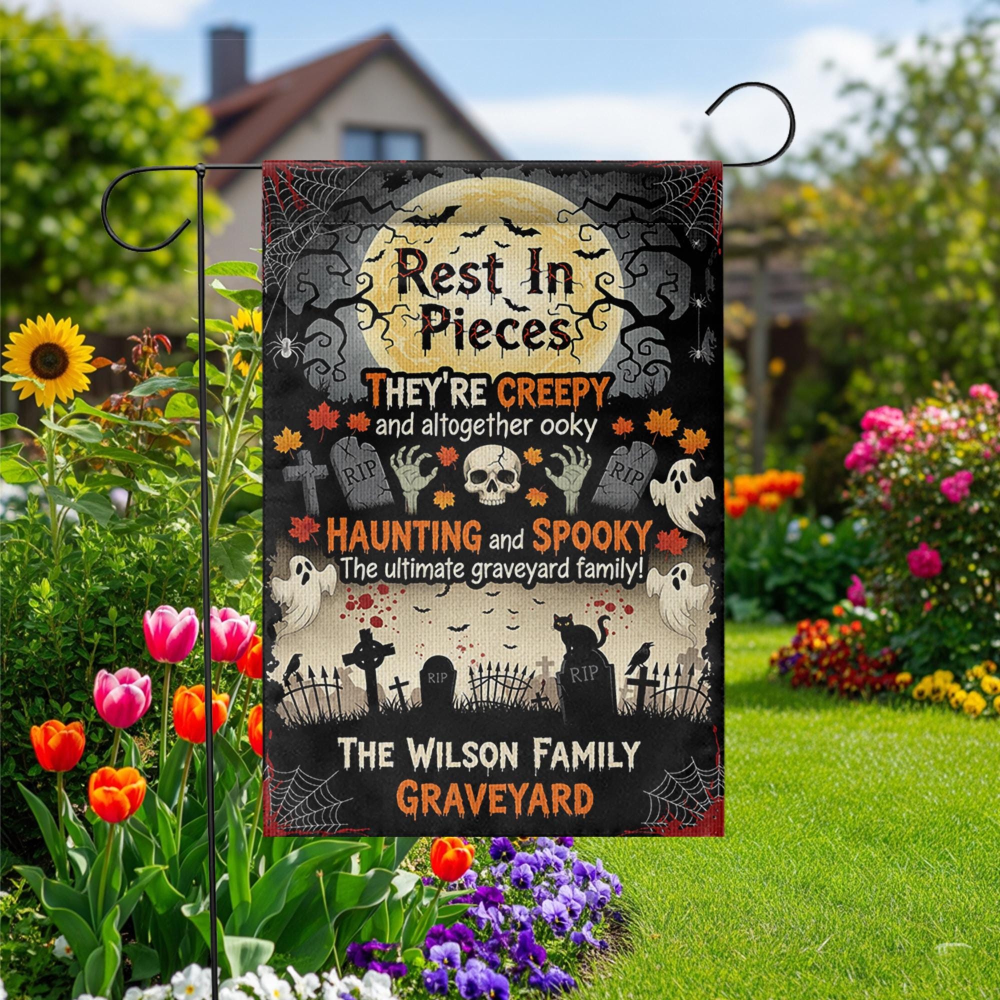 Rest in Pieces Halloween Graveyard Garden Flag – Creepy Family Name Yard Sign – Spooky Outdoor Decor