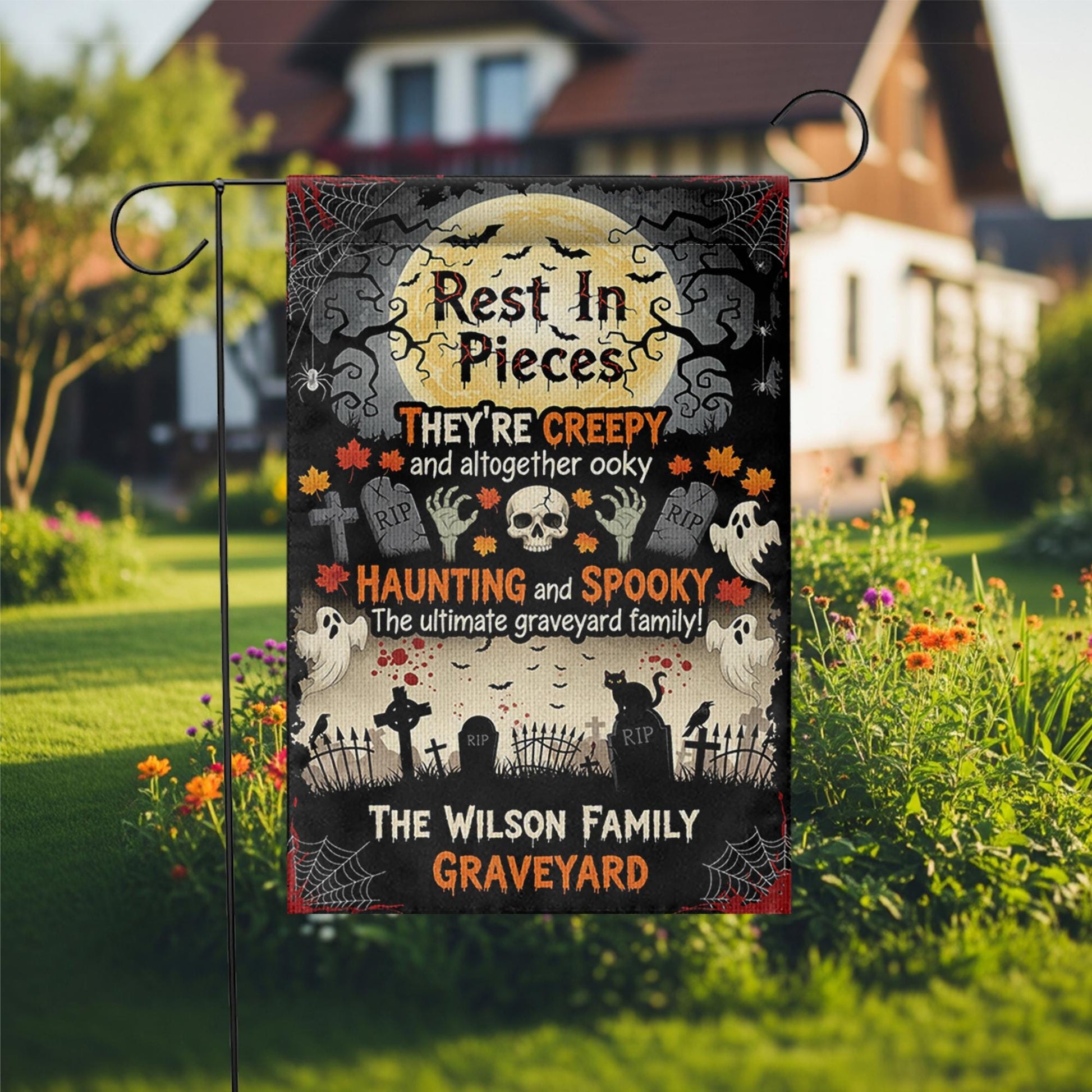 Rest in Pieces Halloween Graveyard Garden Flag – Creepy Family Name Yard Sign – Spooky Outdoor Decor