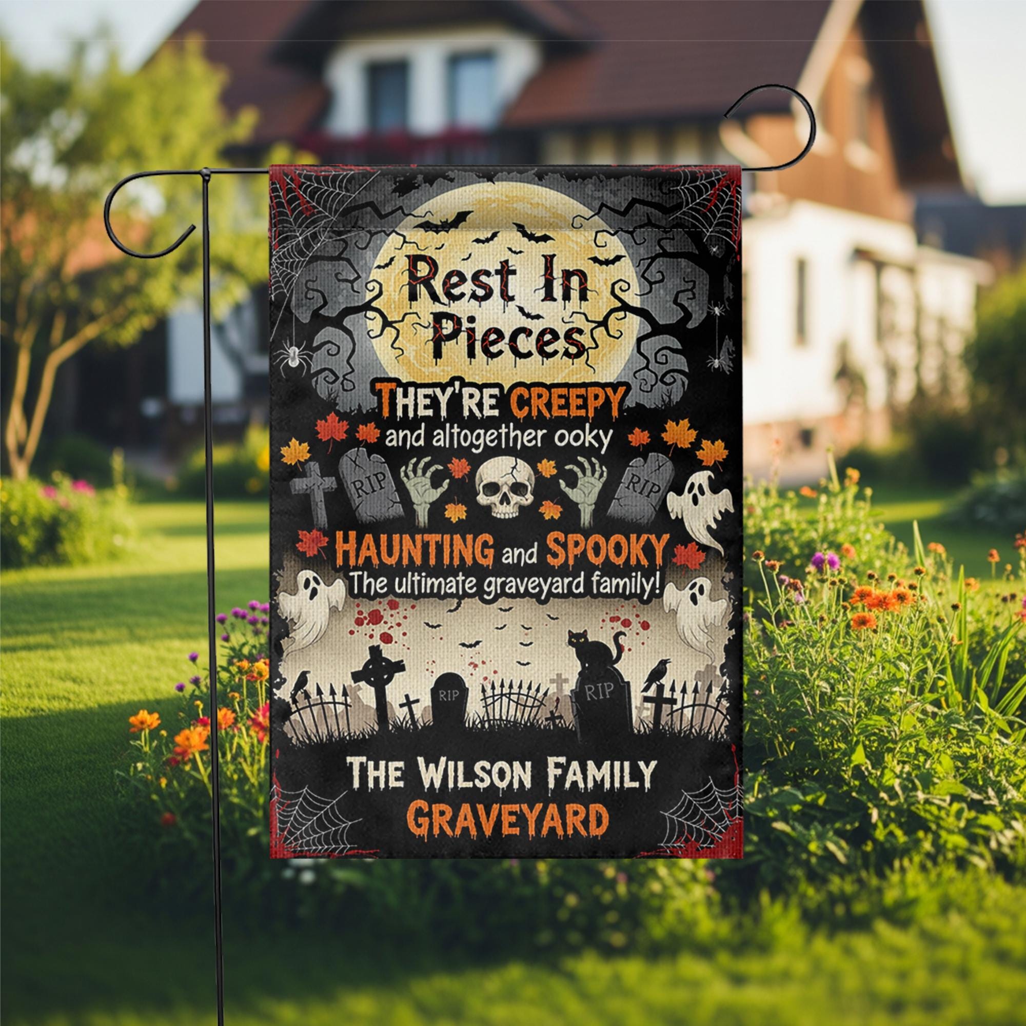 Rest in Pieces Halloween Graveyard Garden Flag – Creepy Family Name Yard Sign – Spooky Outdoor Decor