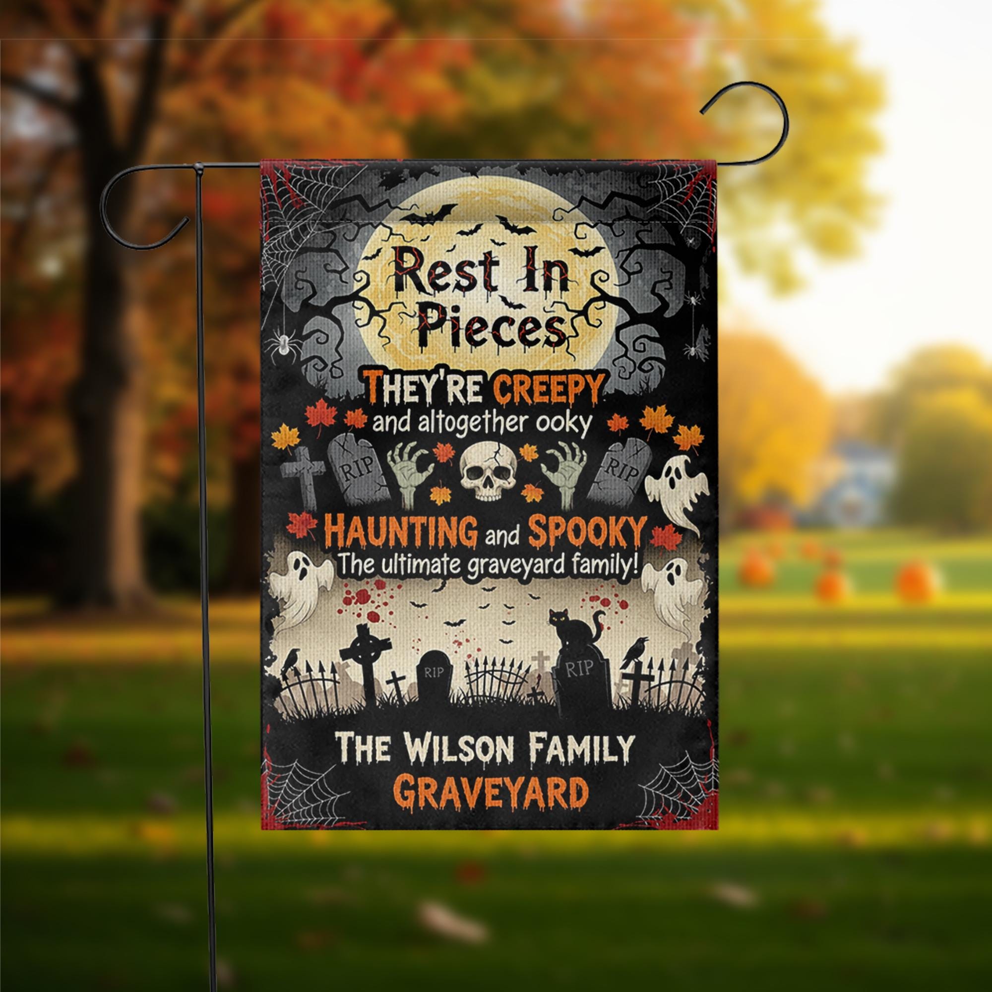 Rest in Pieces Halloween Graveyard Garden Flag – Creepy Family Name Yard Sign – Spooky Outdoor Decor