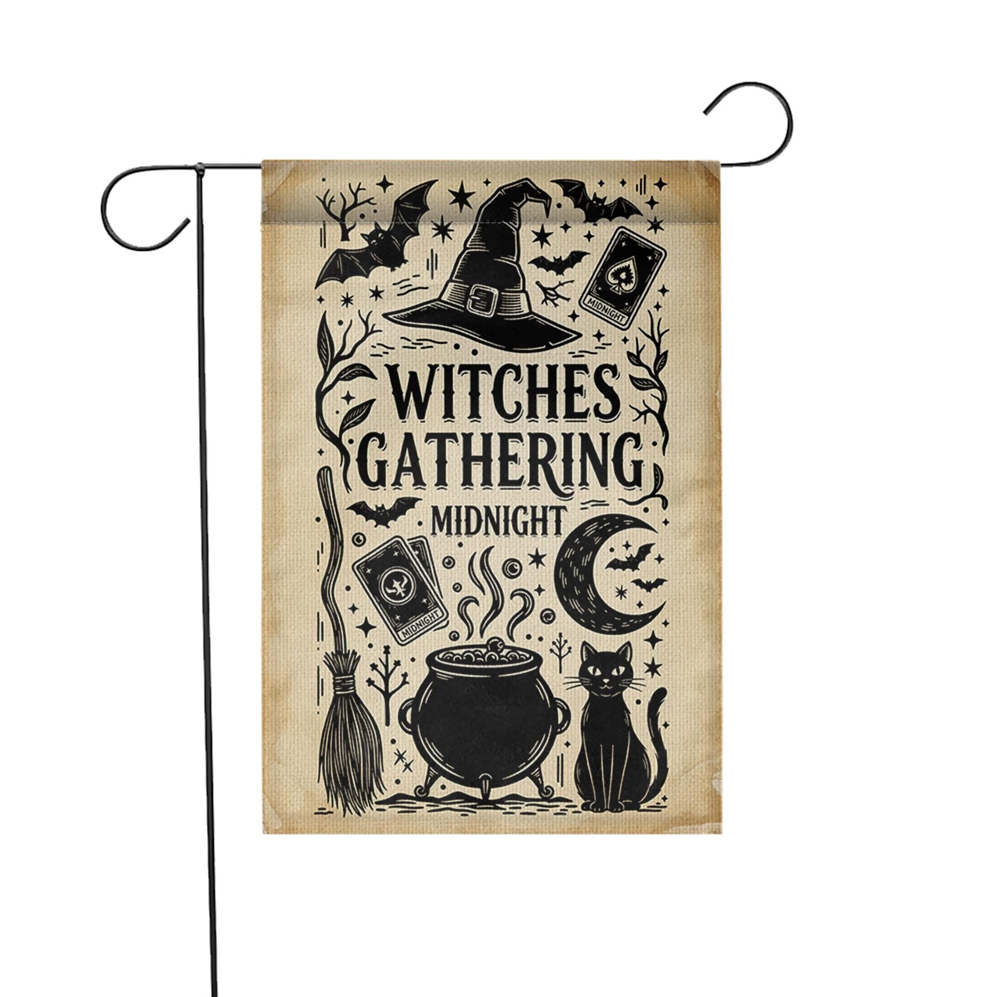 Witches Gathering Garden Flag – Midnight Witch Decor – Black Cat Cauldron Yard Sign Halloween