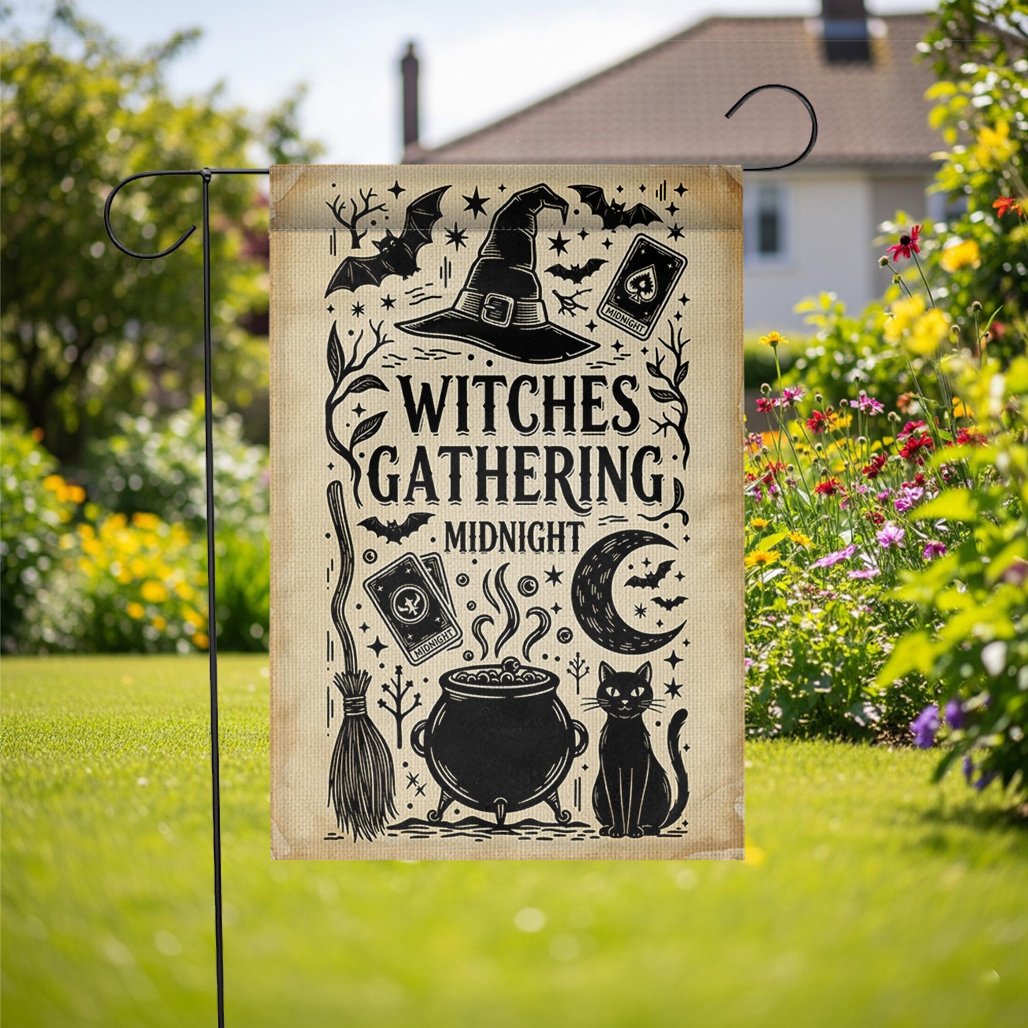 Witches Gathering Garden Flag – Midnight Witch Decor – Black Cat Cauldron Yard Sign Halloween
