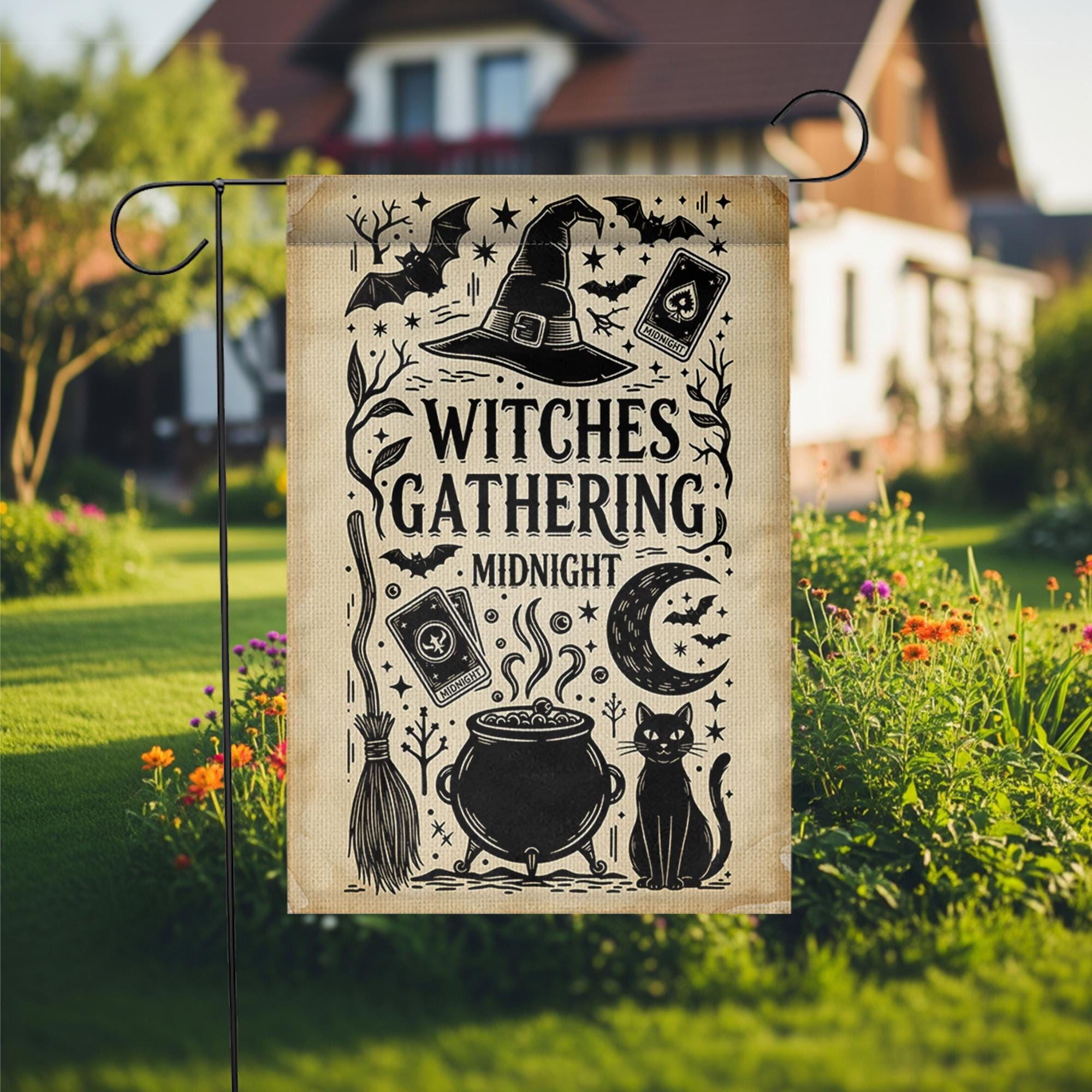 Witches Gathering Garden Flag – Midnight Witch Decor – Black Cat Cauldron Yard Sign Halloween
