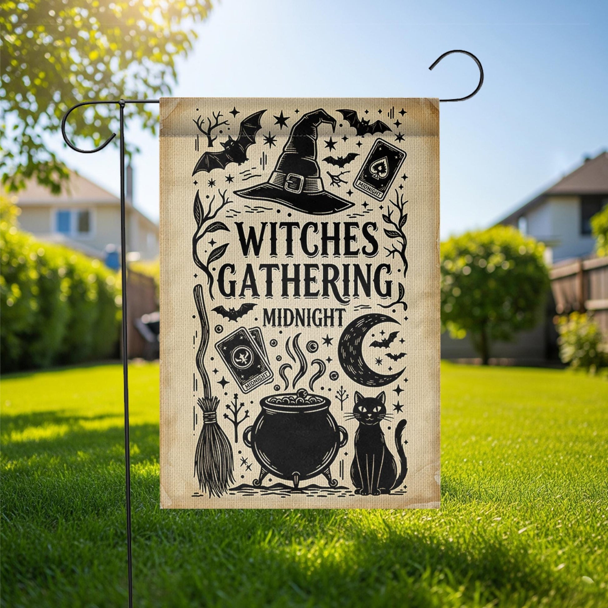 Witches Gathering Garden Flag – Midnight Witch Decor – Black Cat Cauldron Yard Sign Halloween