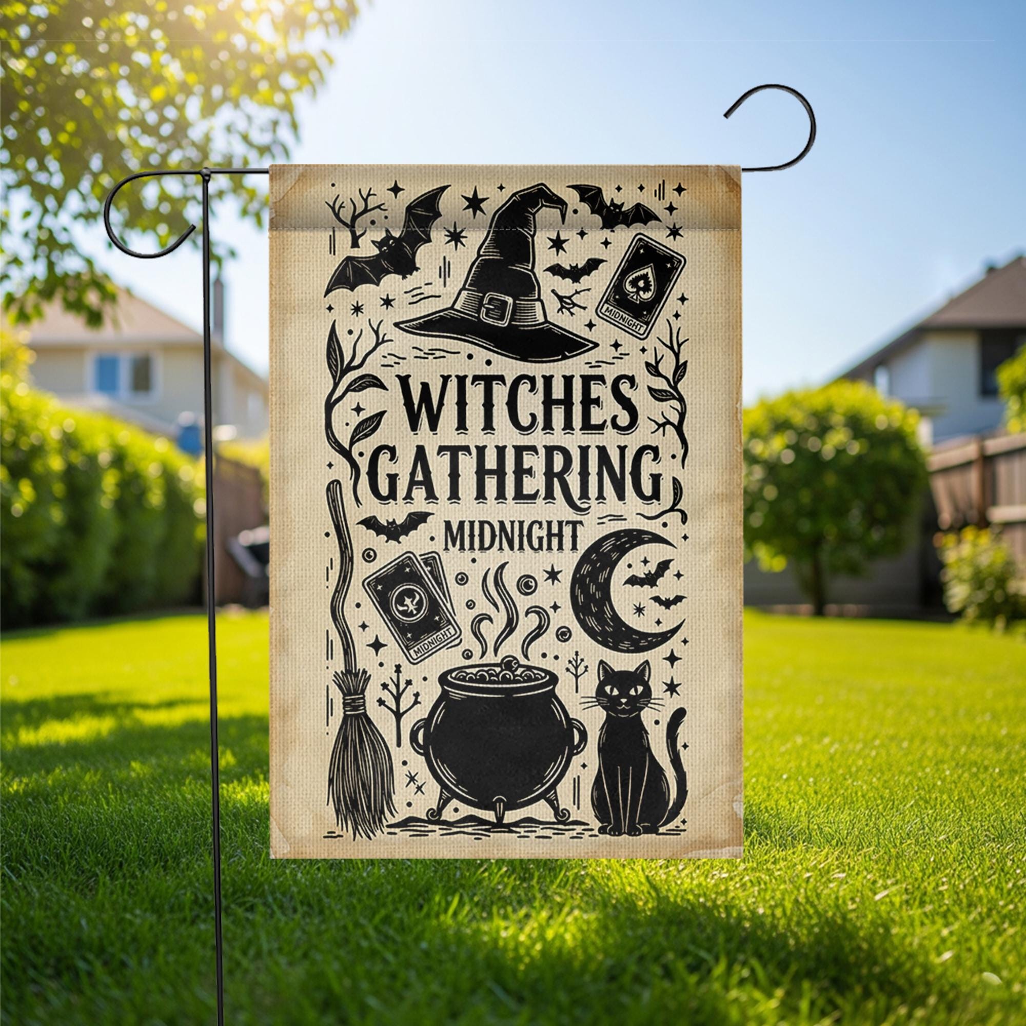Witches Gathering Garden Flag – Midnight Witch Decor – Black Cat Cauldron Yard Sign Halloween