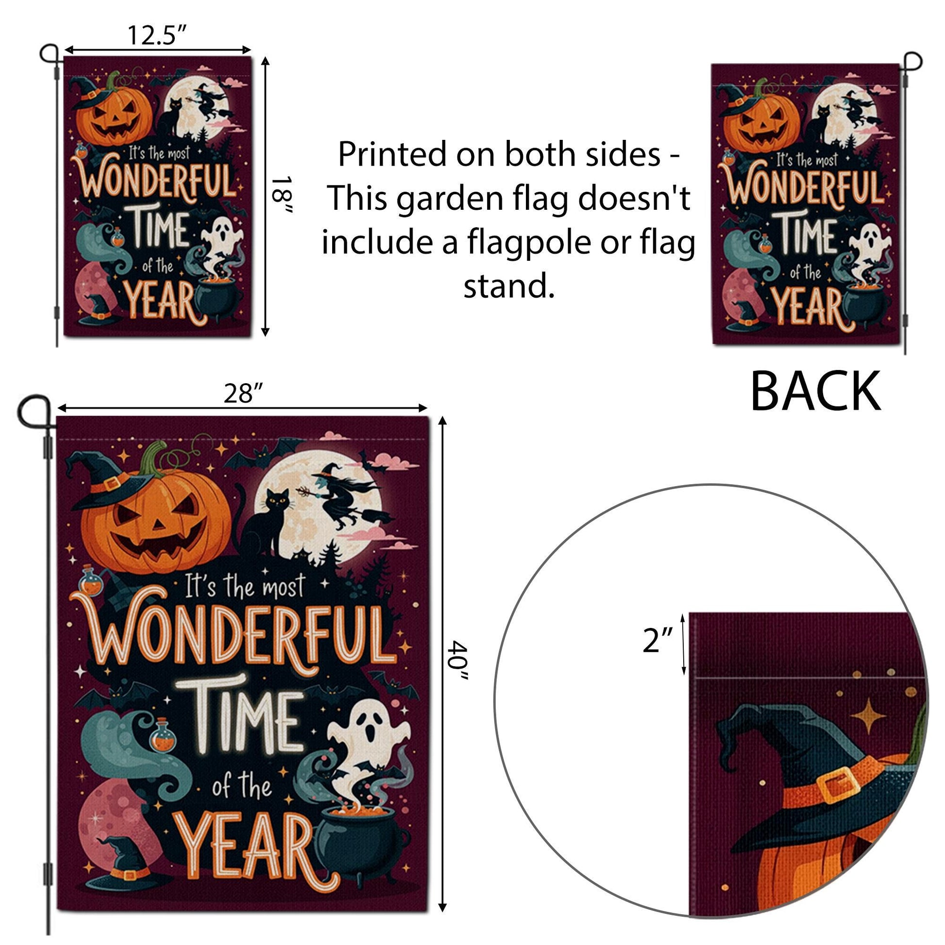 Most Wonderful Time Halloween Garden Flag – Witch Ghost Pumpkin Yard Decor – Spooky Fall Banner