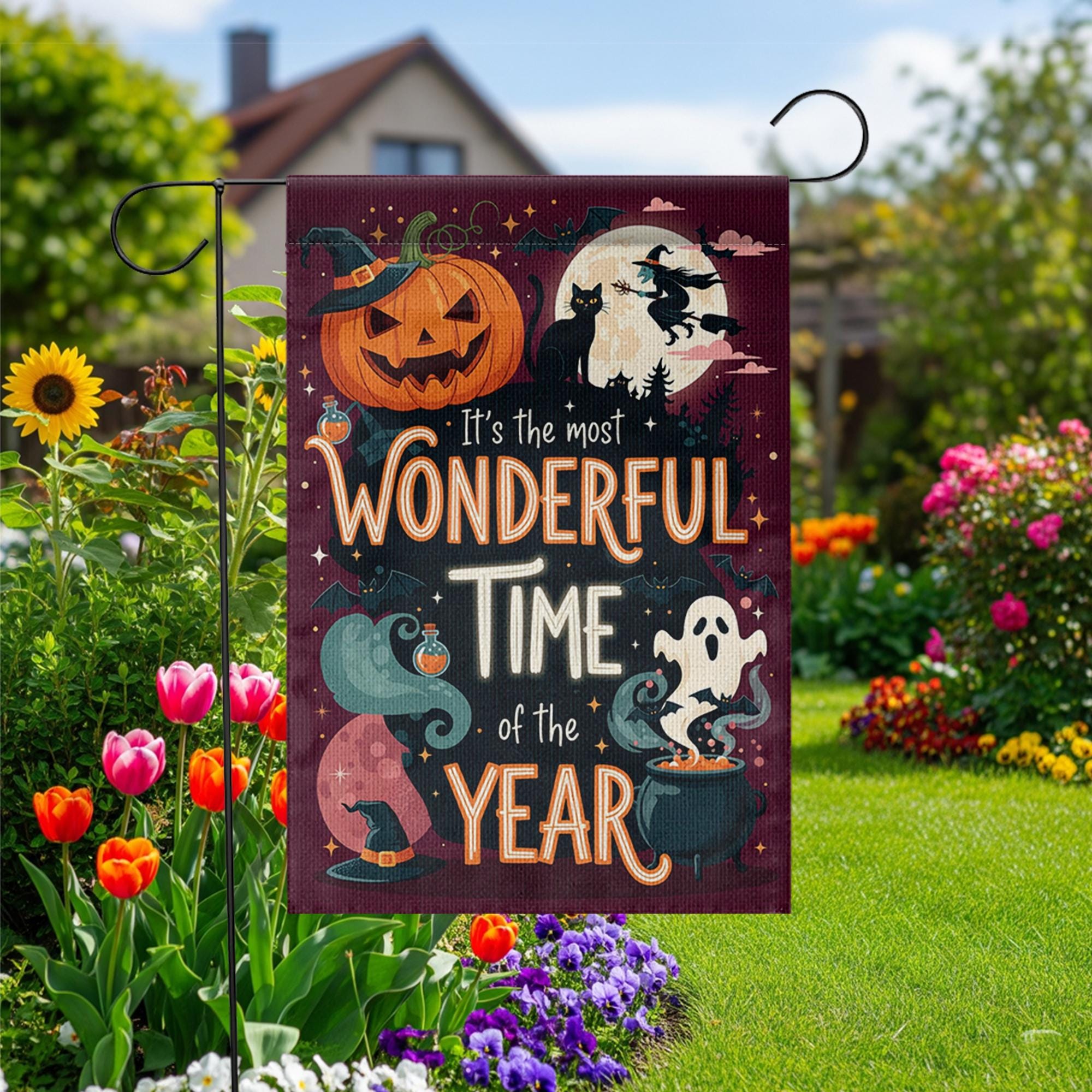 Most Wonderful Time Halloween Garden Flag – Witch Ghost Pumpkin Yard Decor – Spooky Fall Banner