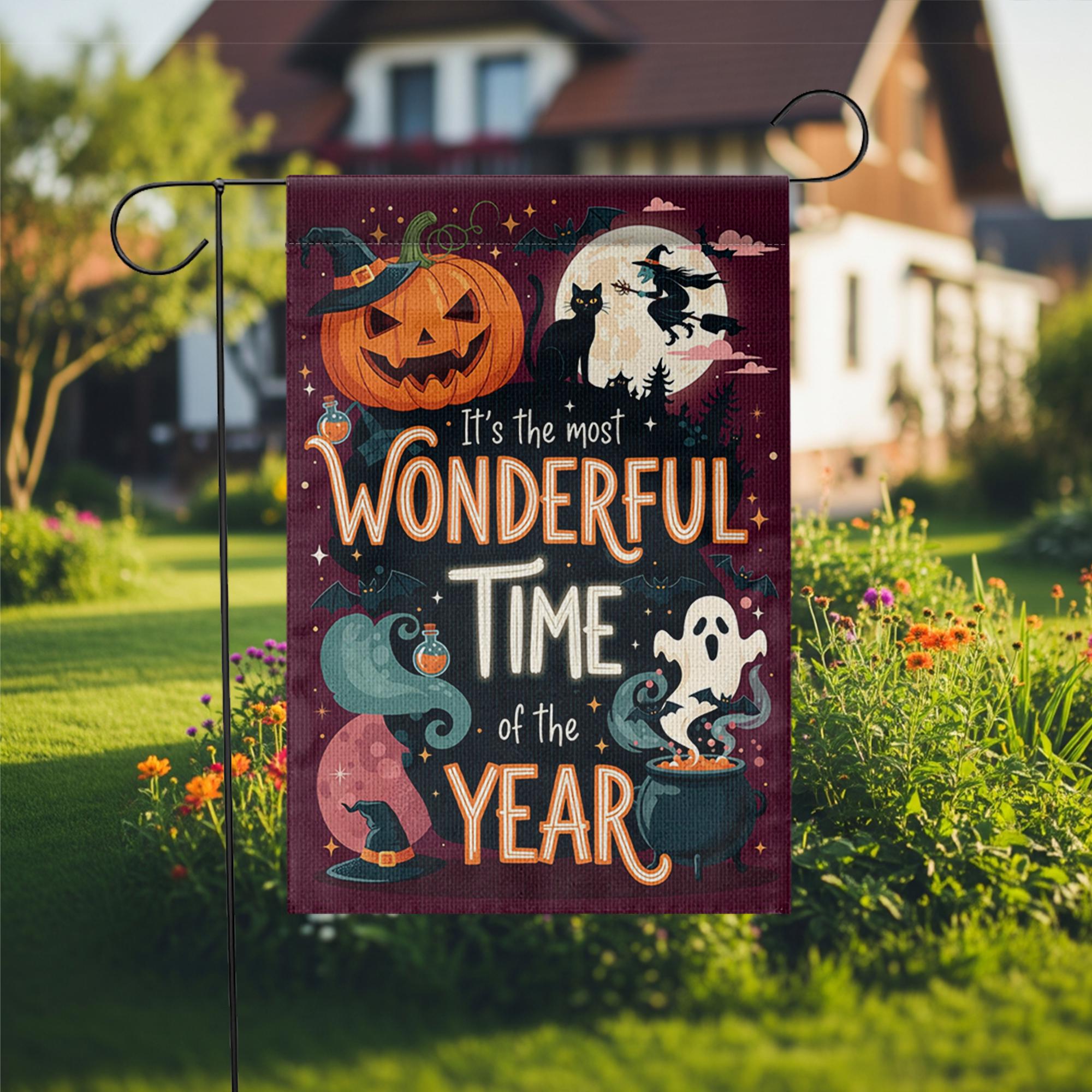 Most Wonderful Time Halloween Garden Flag – Witch Ghost Pumpkin Yard Decor – Spooky Fall Banner