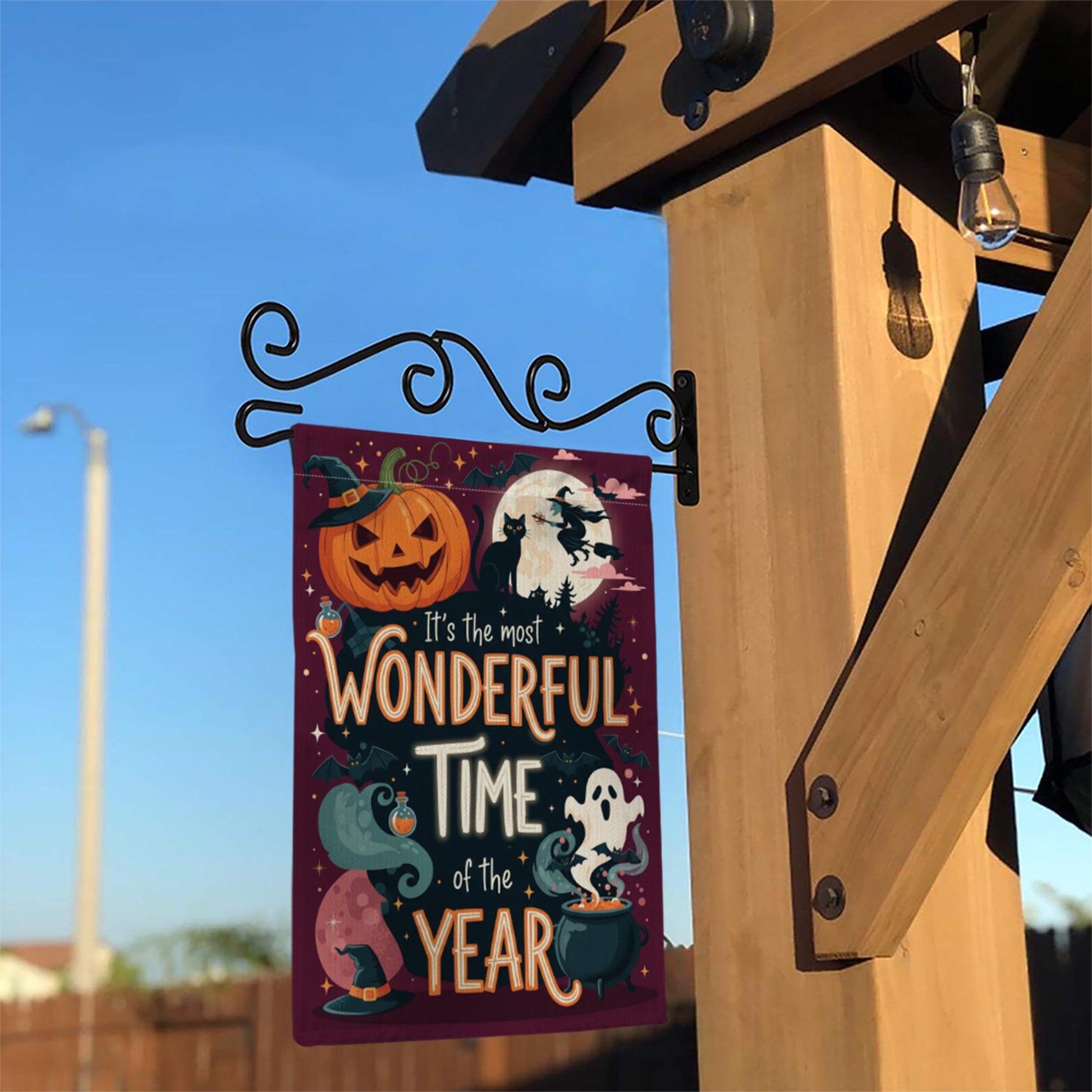 Most Wonderful Time Halloween Garden Flag – Witch Ghost Pumpkin Yard Decor – Spooky Fall Banner