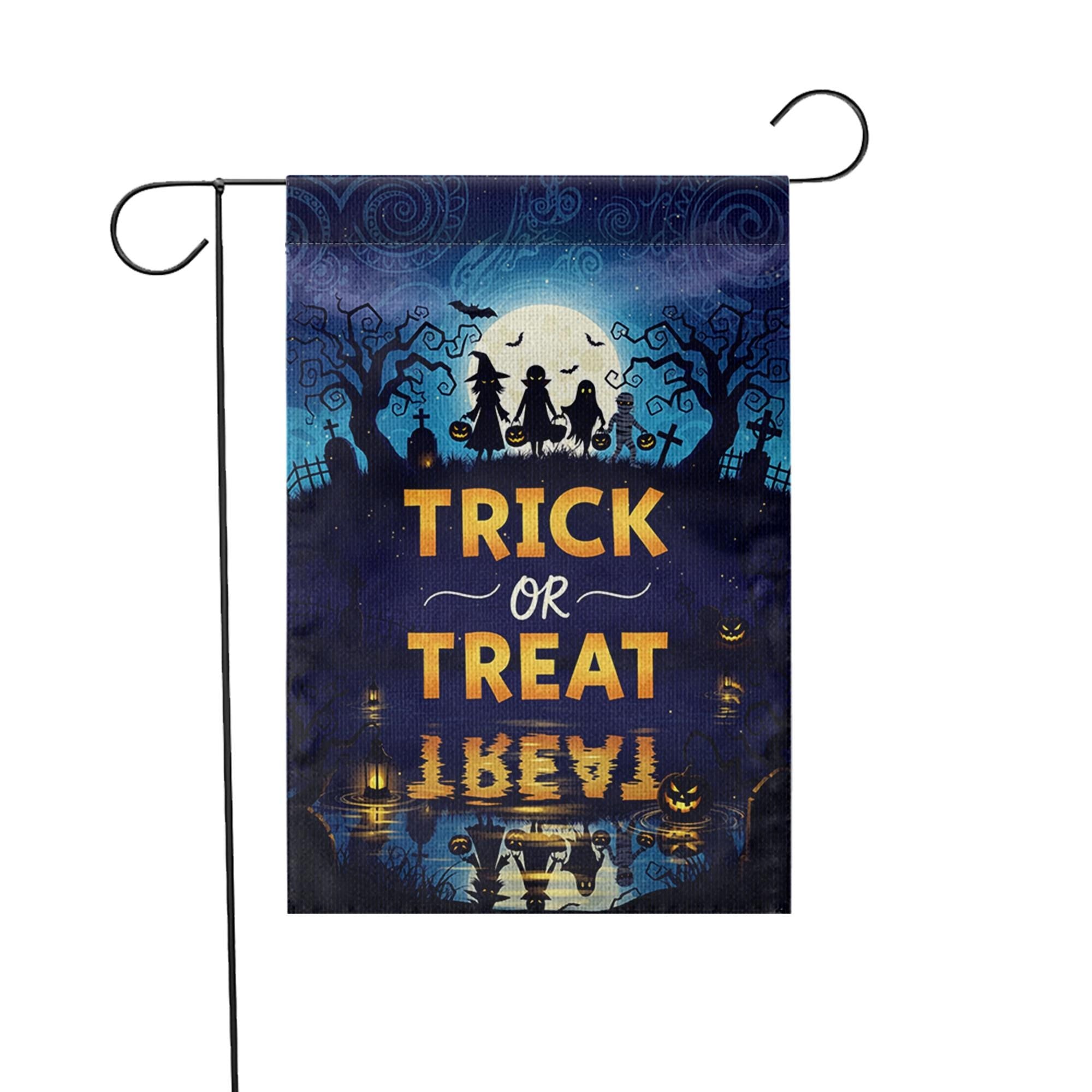 Trick or Treat Halloween Garden Flag – Spooky Night Silhouette Yard Banner – Fall Outdoor Decor