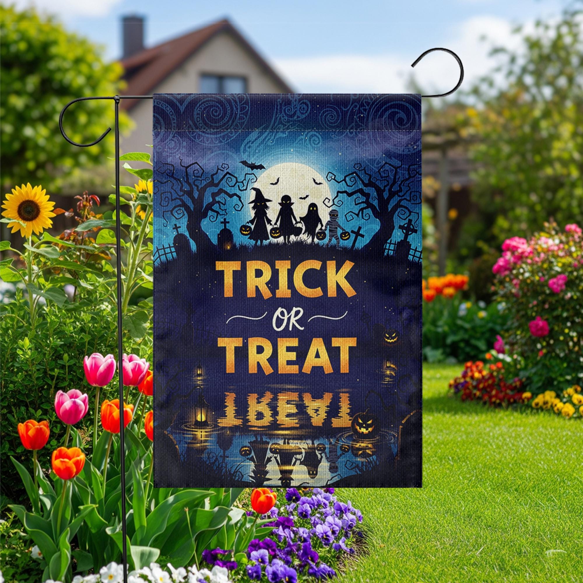 Trick or Treat Halloween Garden Flag – Spooky Night Silhouette Yard Banner – Fall Outdoor Decor