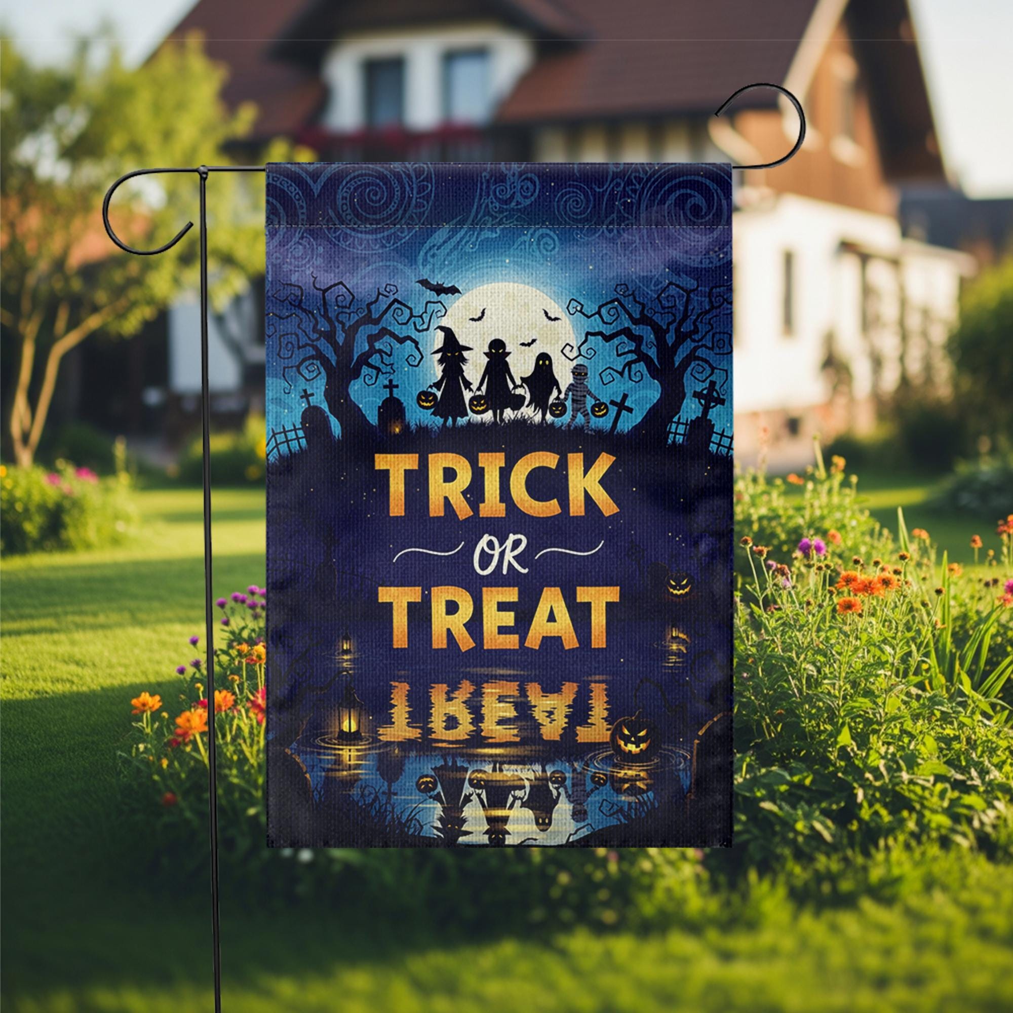 Trick or Treat Halloween Garden Flag – Spooky Night Silhouette Yard Banner – Fall Outdoor Decor
