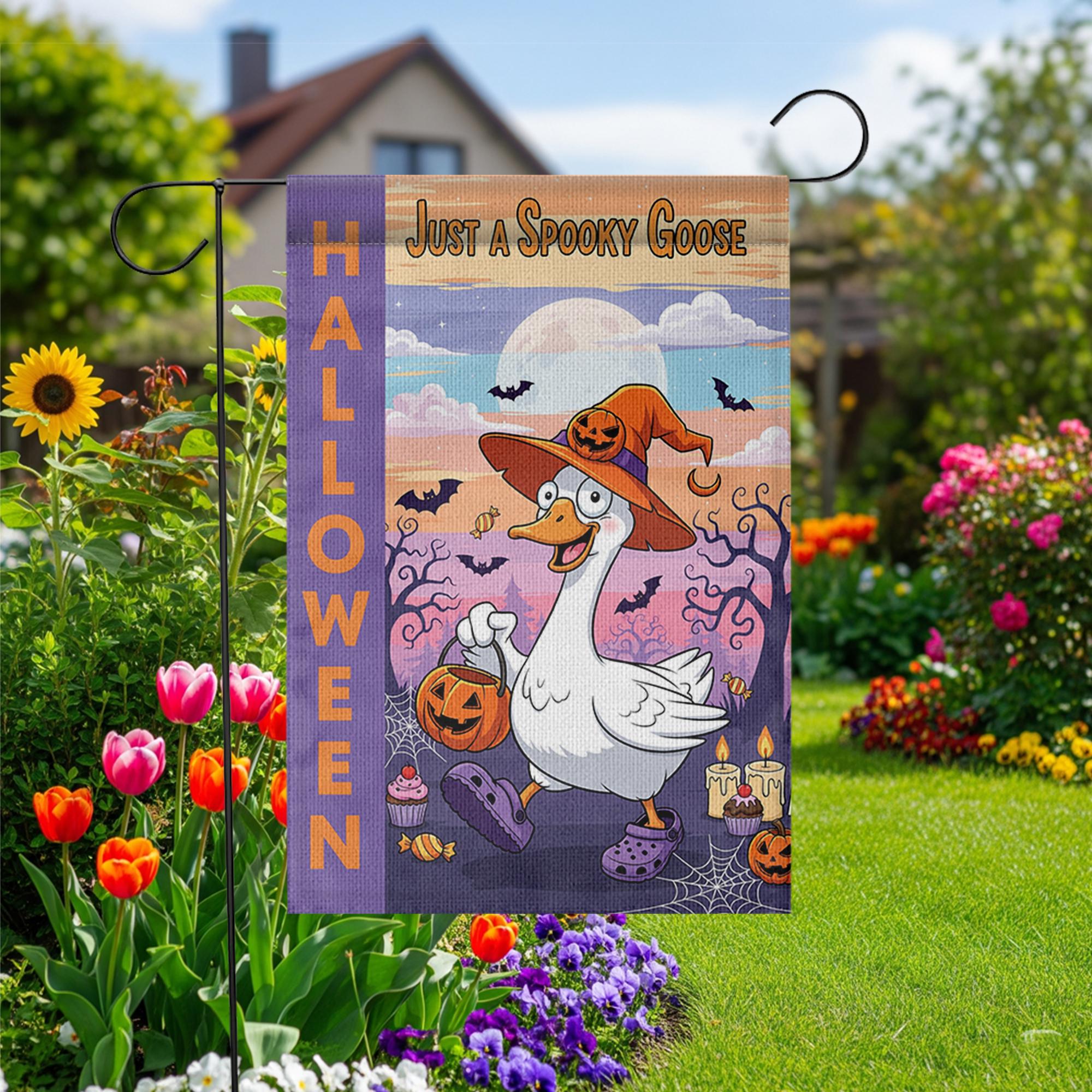 Just a Spooky Goose Halloween Garden Flag – Funny Goose Witch Yard Decor – Cute Trick or Treat Banner