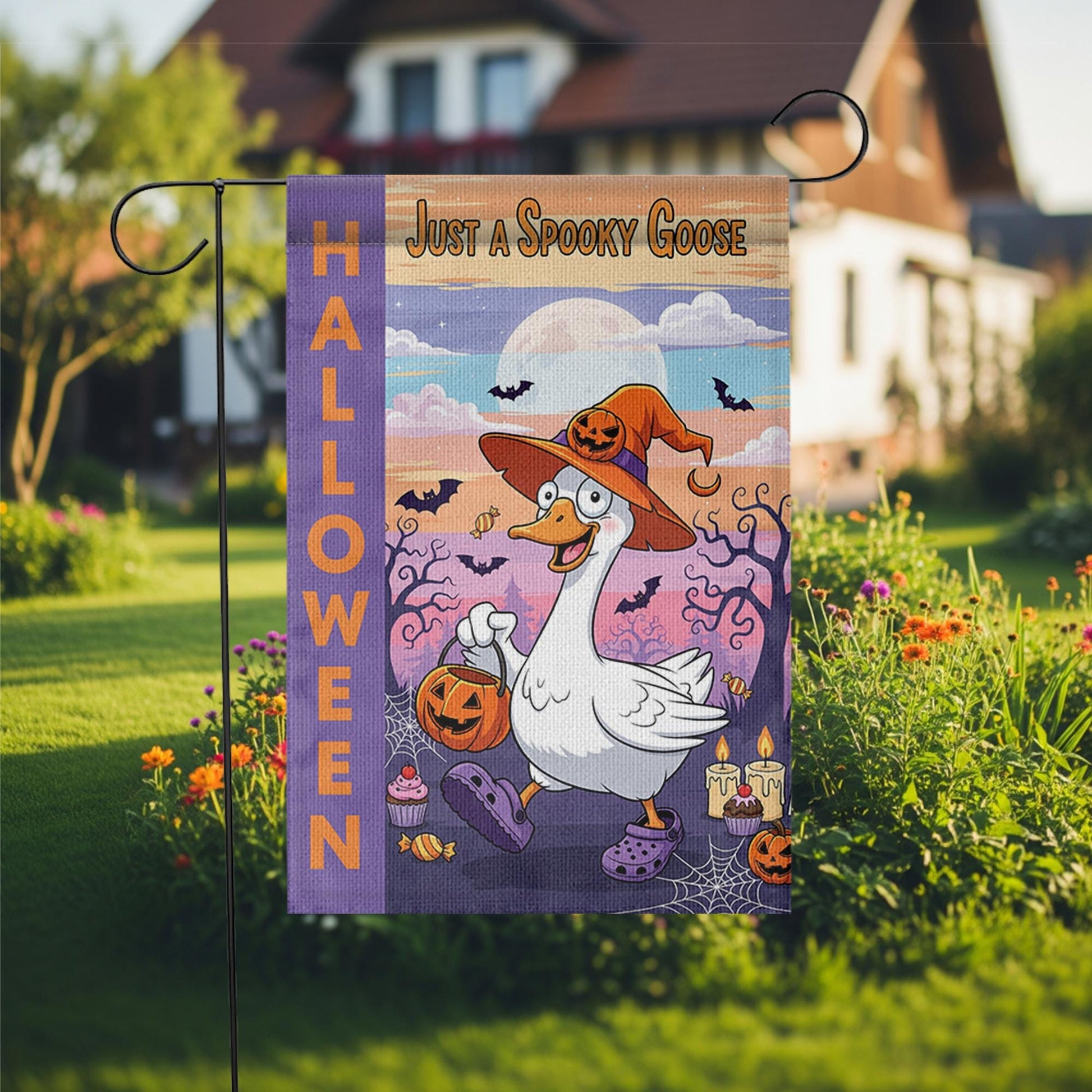 Just a Spooky Goose Halloween Garden Flag – Funny Goose Witch Yard Decor – Cute Trick or Treat Banner