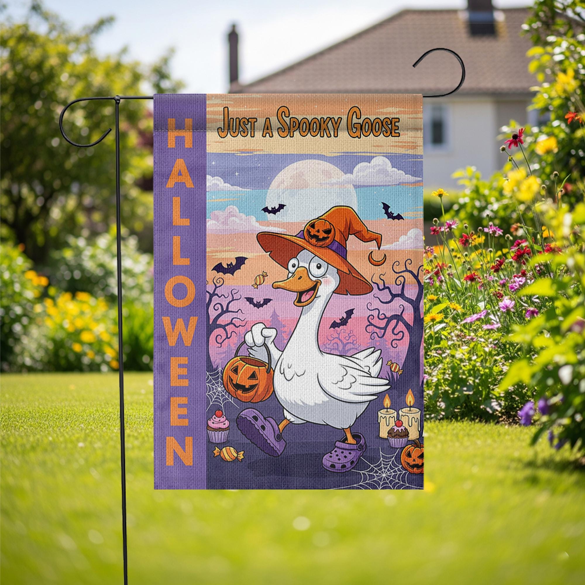 Just a Spooky Goose Halloween Garden Flag – Funny Goose Witch Yard Decor – Cute Trick or Treat Banner