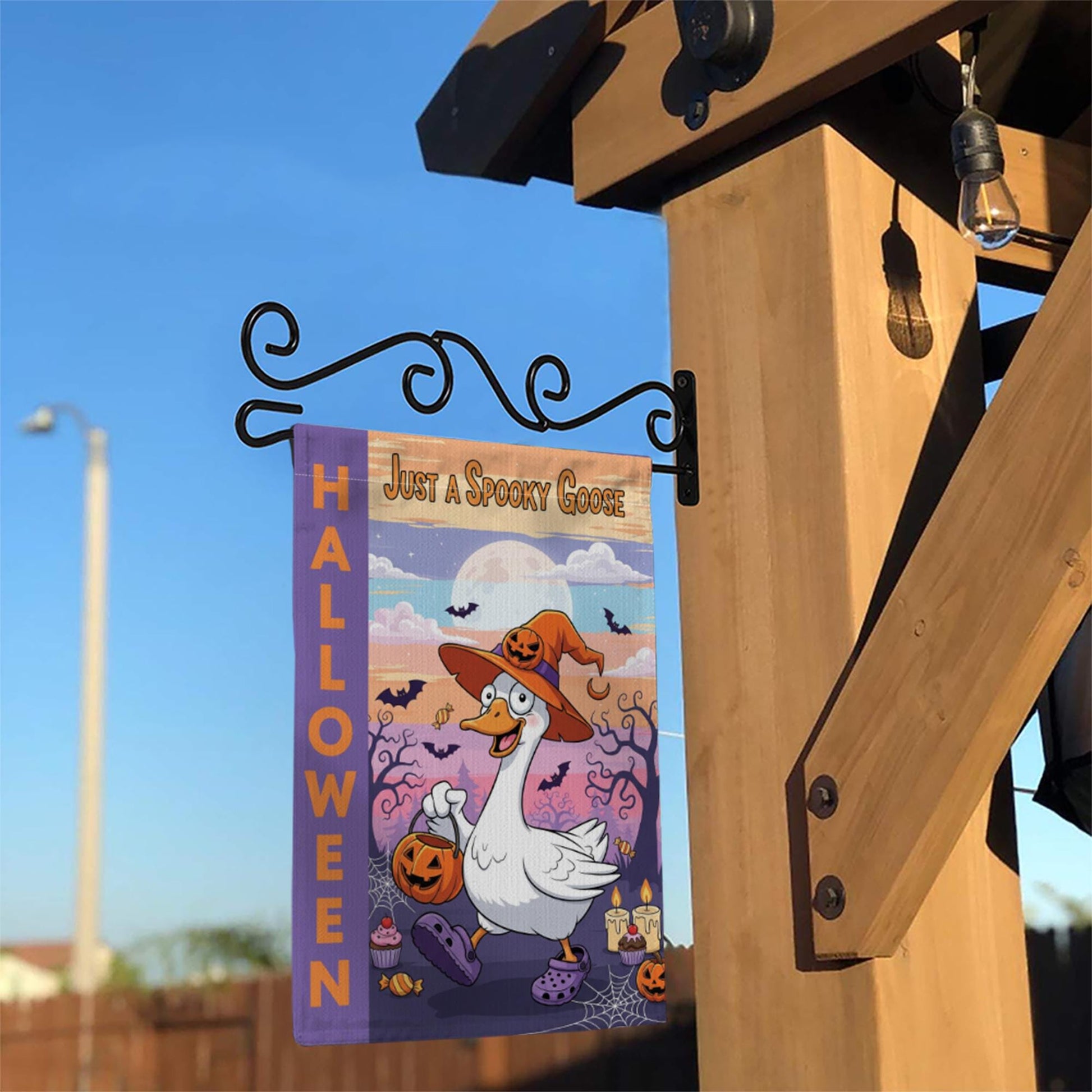 Just a Spooky Goose Halloween Garden Flag – Funny Goose Witch Yard Decor – Cute Trick or Treat Banner