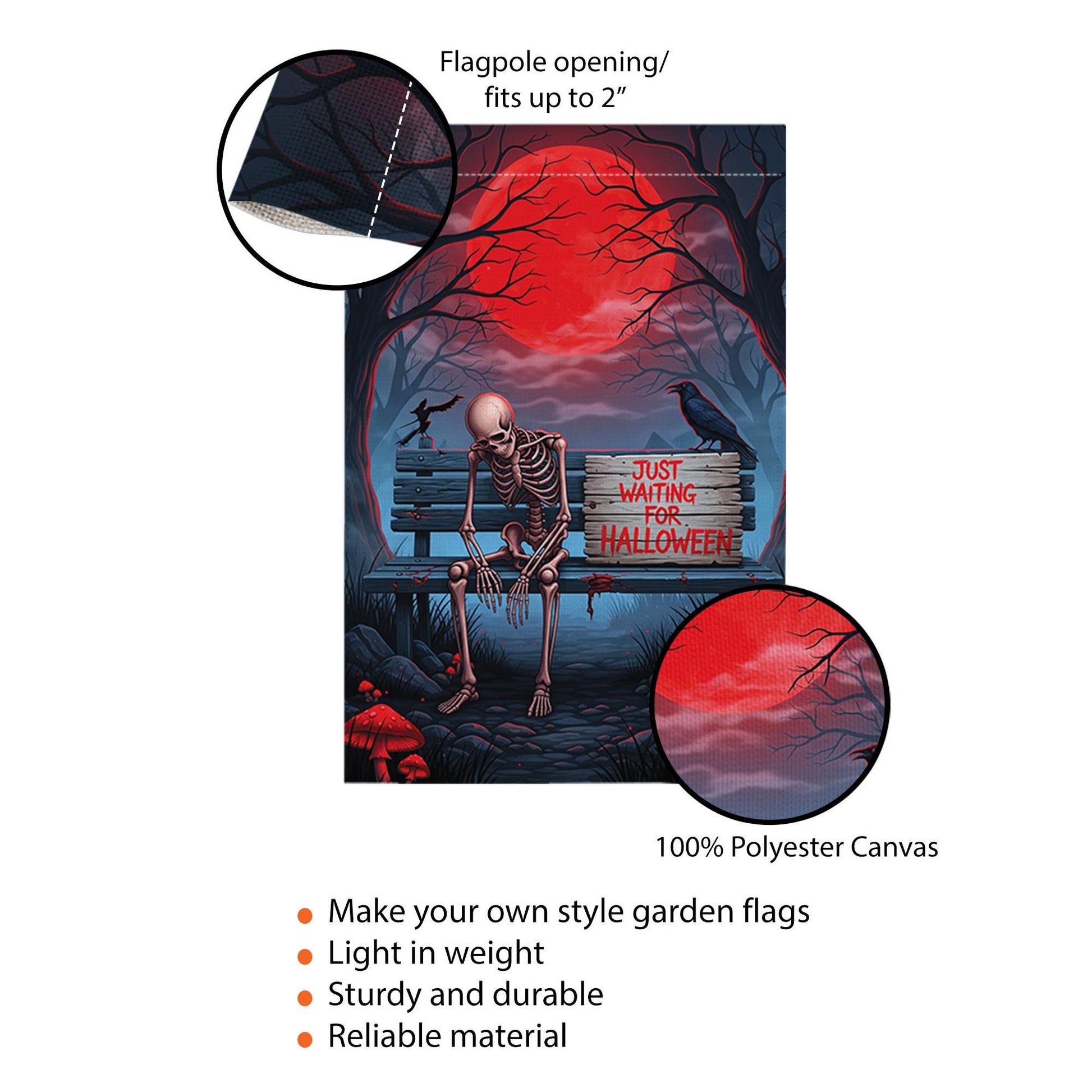 Just Waiting for Halloween Skeleton Garden Flag – Creepy Spooky Yard Decor – Red Moon Horror Banner