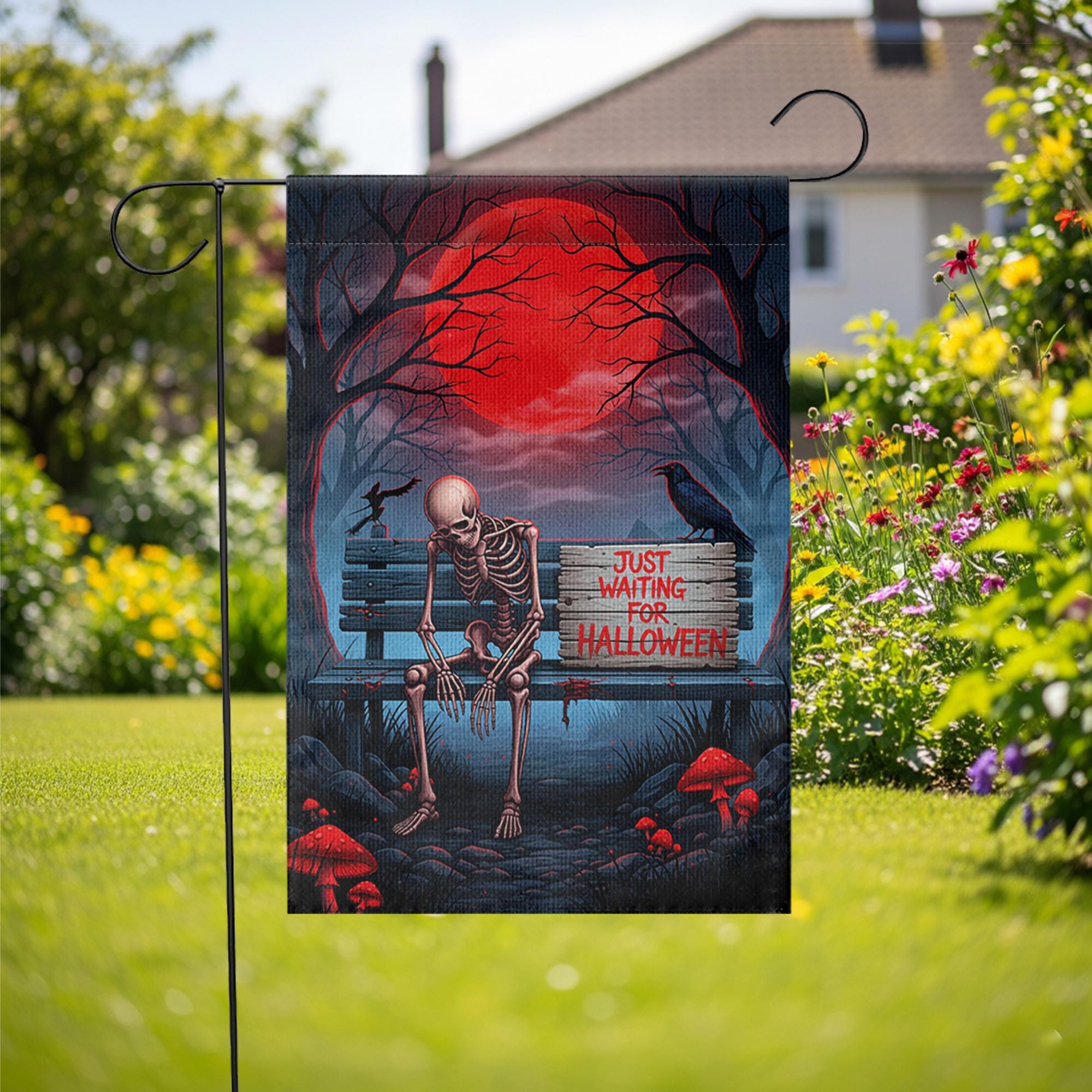 Just Waiting for Halloween Skeleton Garden Flag – Creepy Spooky Yard Decor – Red Moon Horror Banner