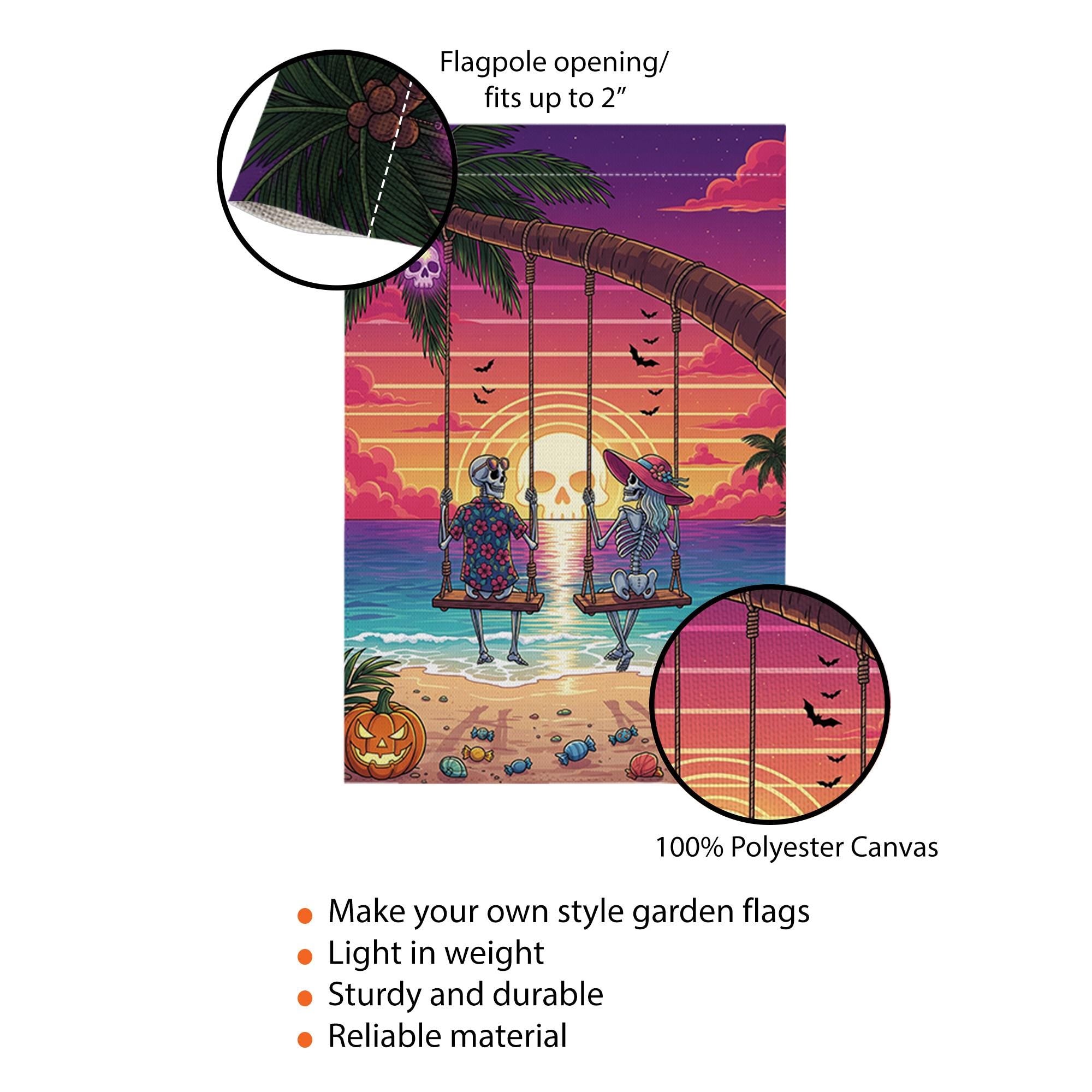 Skeleton Couple Beach Swing Garden Flag – Halloween Sunset Tropical Decor – Funny Spooky Yard Sign