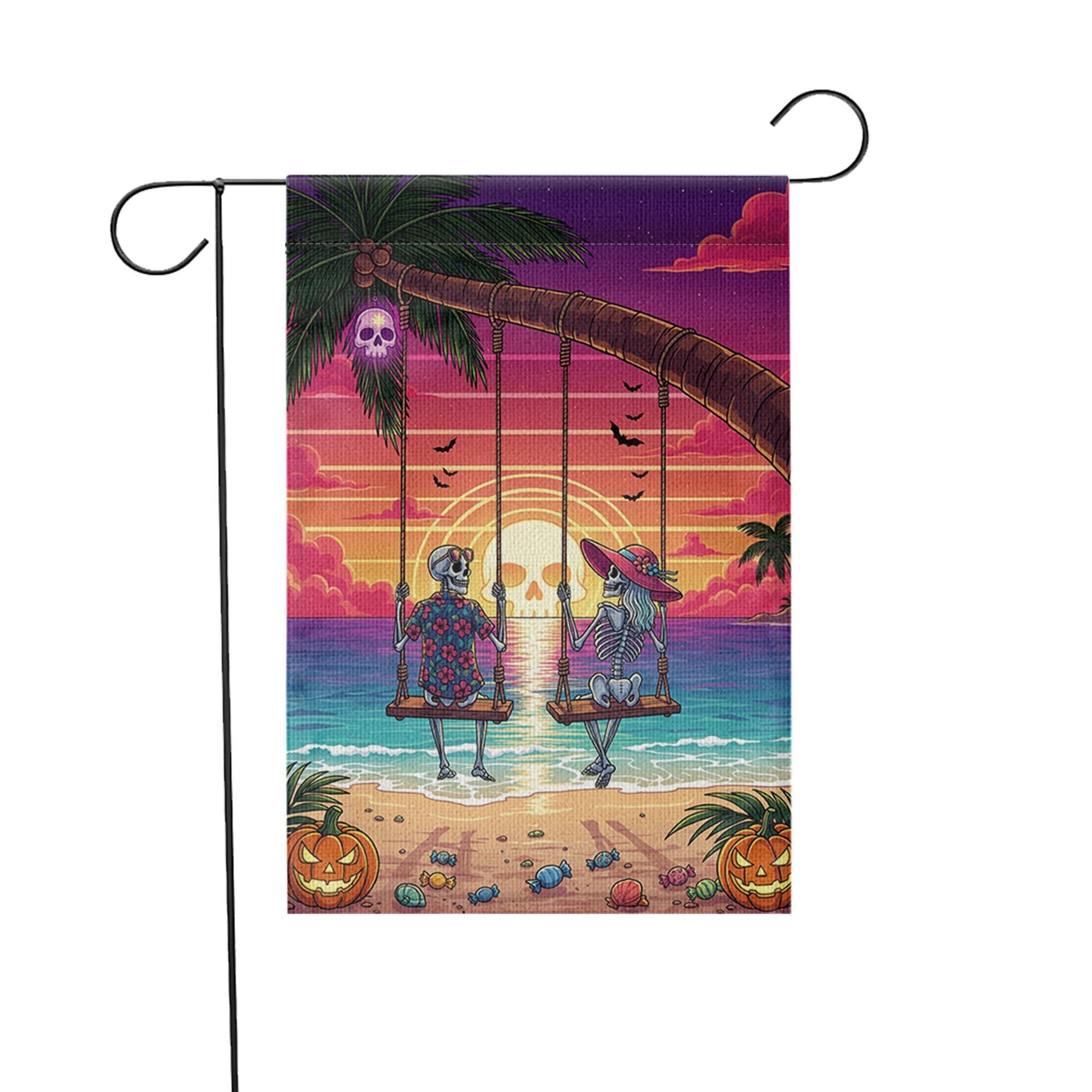 Skeleton Couple Beach Swing Garden Flag – Halloween Sunset Tropical Decor – Funny Spooky Yard Sign