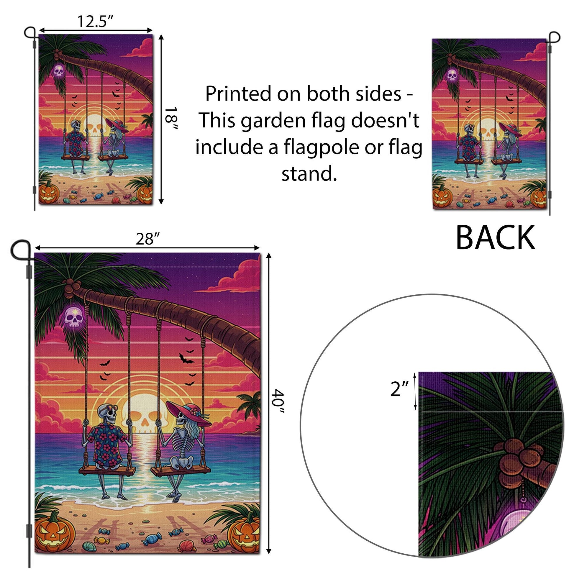 Skeleton Couple Beach Swing Garden Flag – Halloween Sunset Tropical Decor – Funny Spooky Yard Sign