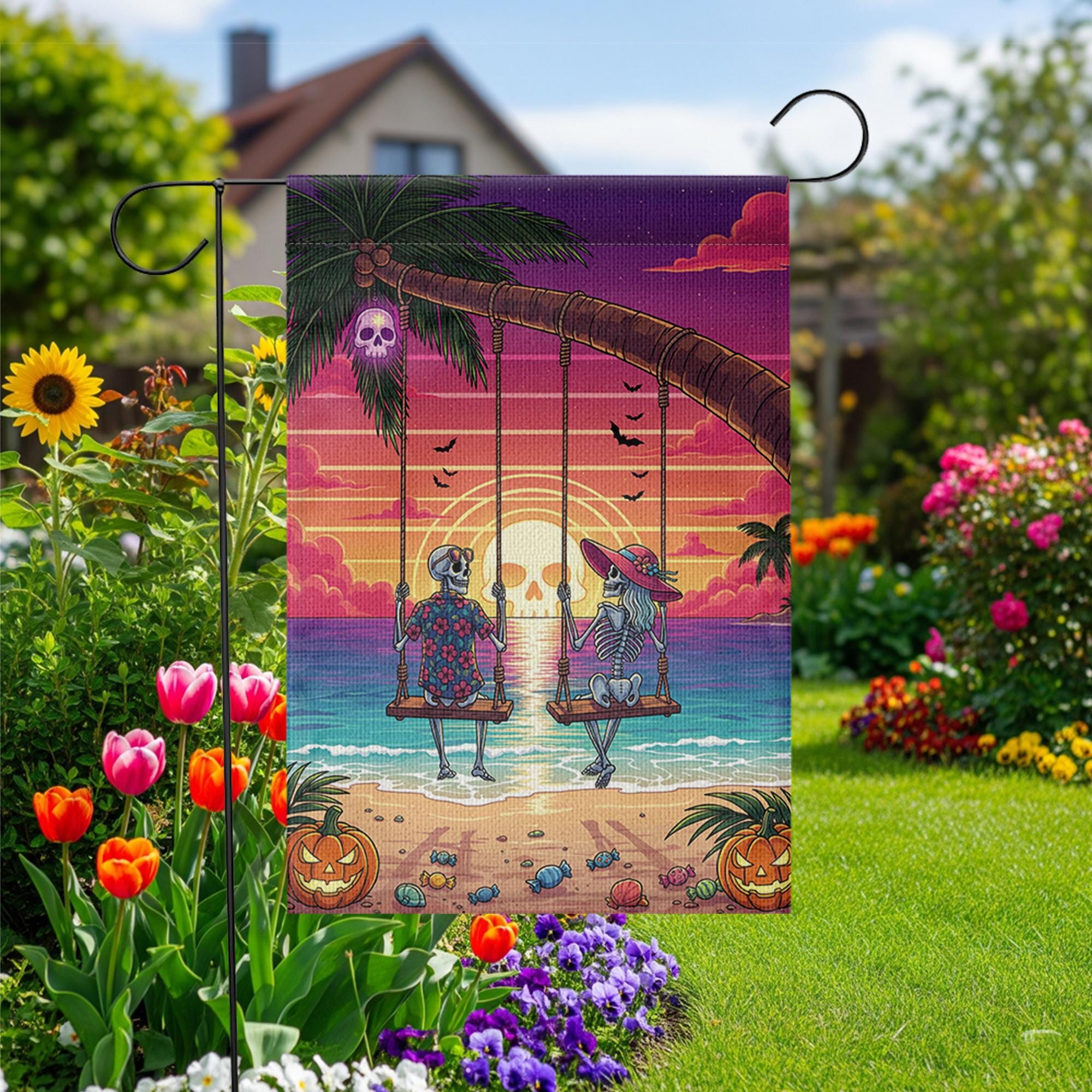 Skeleton Couple Beach Swing Garden Flag – Halloween Sunset Tropical Decor – Funny Spooky Yard Sign