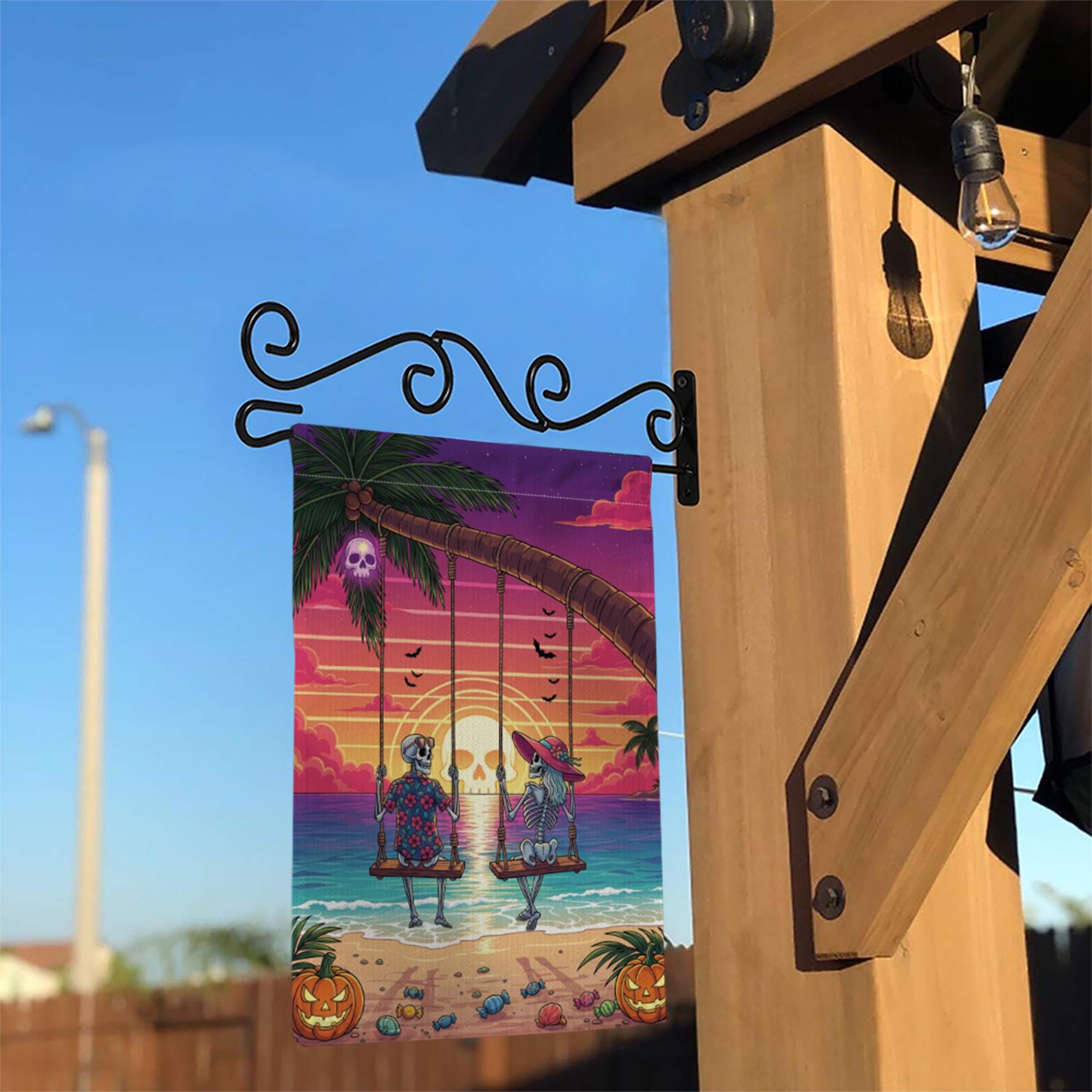 Skeleton Couple Beach Swing Garden Flag – Halloween Sunset Tropical Decor – Funny Spooky Yard Sign