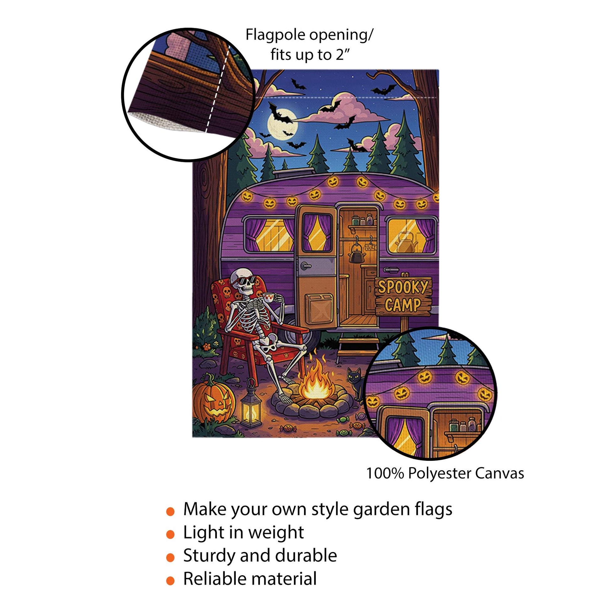 Spooky Camp Halloween Garden Flag – Skeleton Camper Firepit Yard Decor – Fall Camping Outdoor Sign