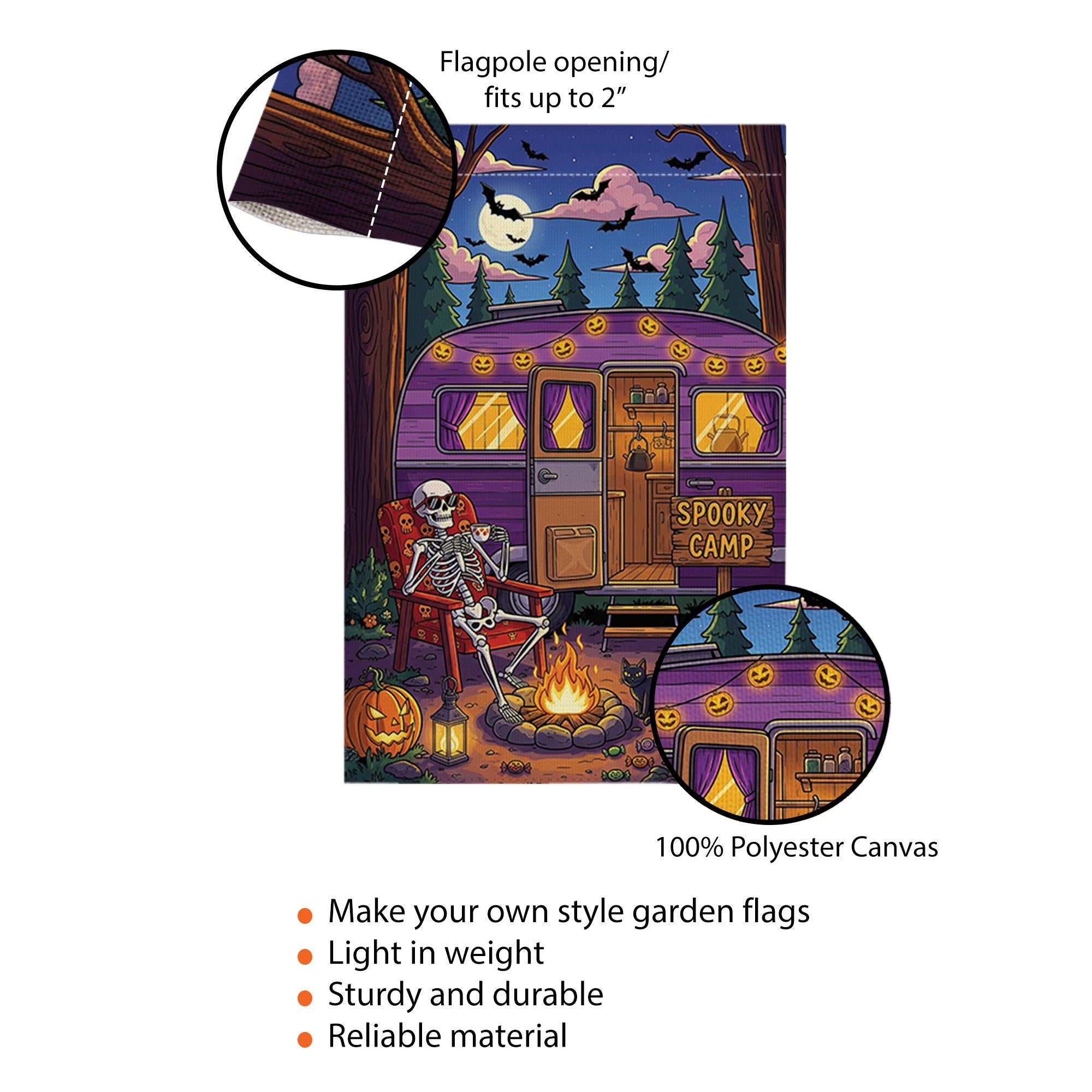 Spooky Camp Halloween Garden Flag – Skeleton Camper Firepit Yard Decor – Fall Camping Outdoor Sign