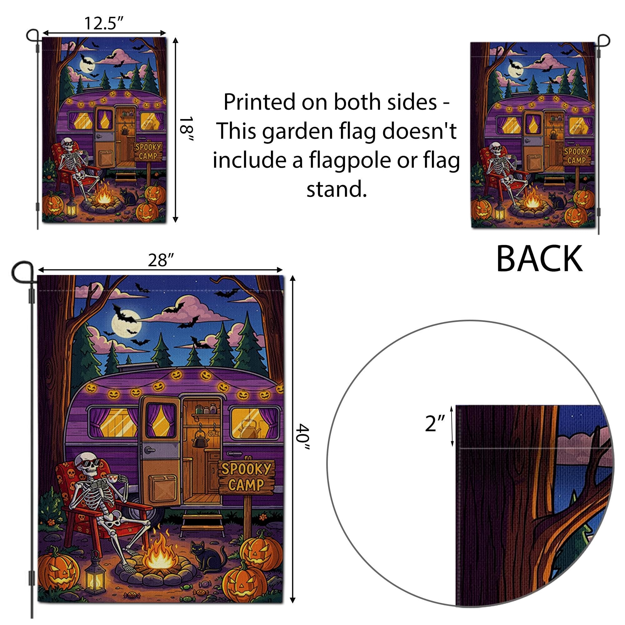 Spooky Camp Halloween Garden Flag – Skeleton Camper Firepit Yard Decor – Fall Camping Outdoor Sign