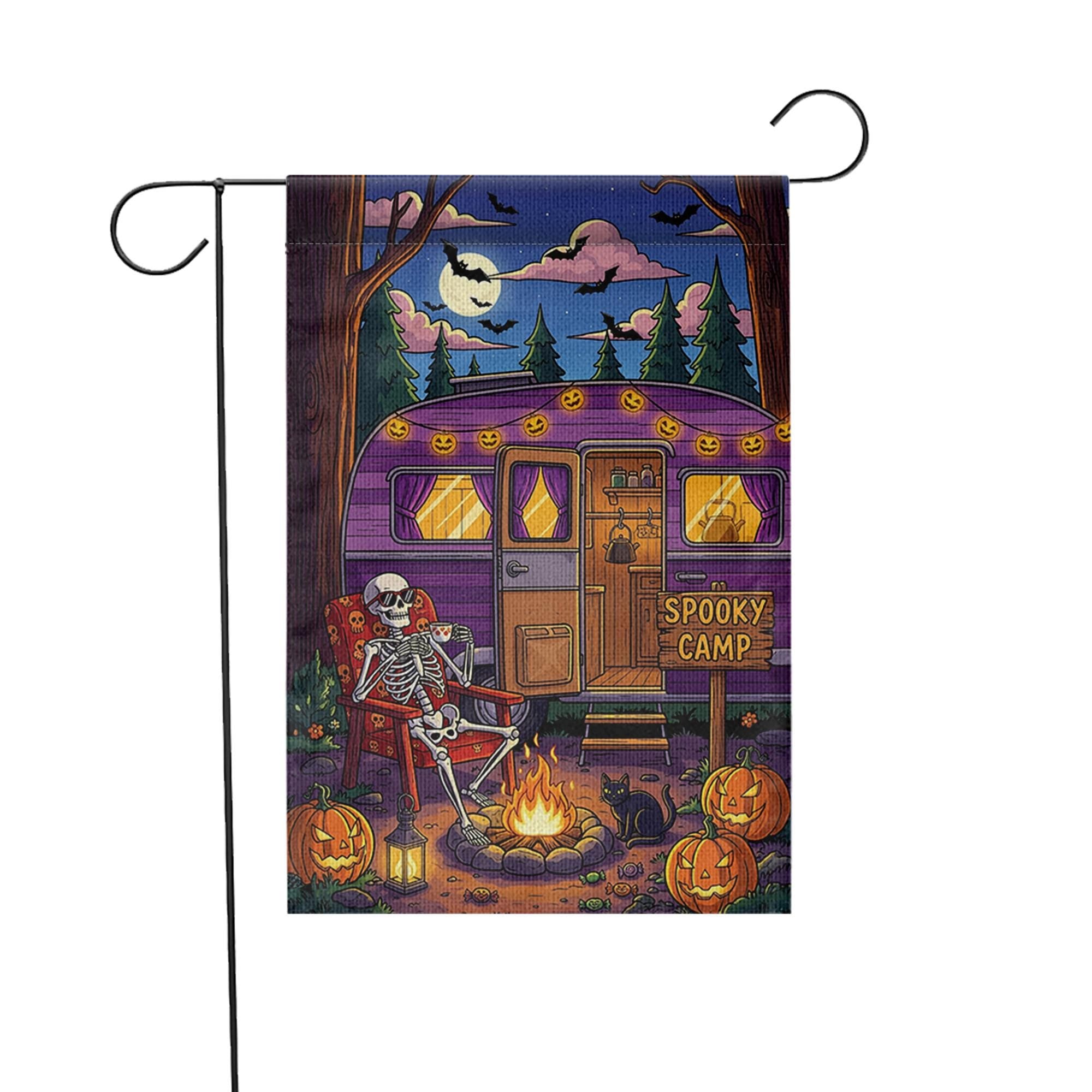 Spooky Camp Halloween Garden Flag – Skeleton Camper Firepit Yard Decor – Fall Camping Outdoor Sign