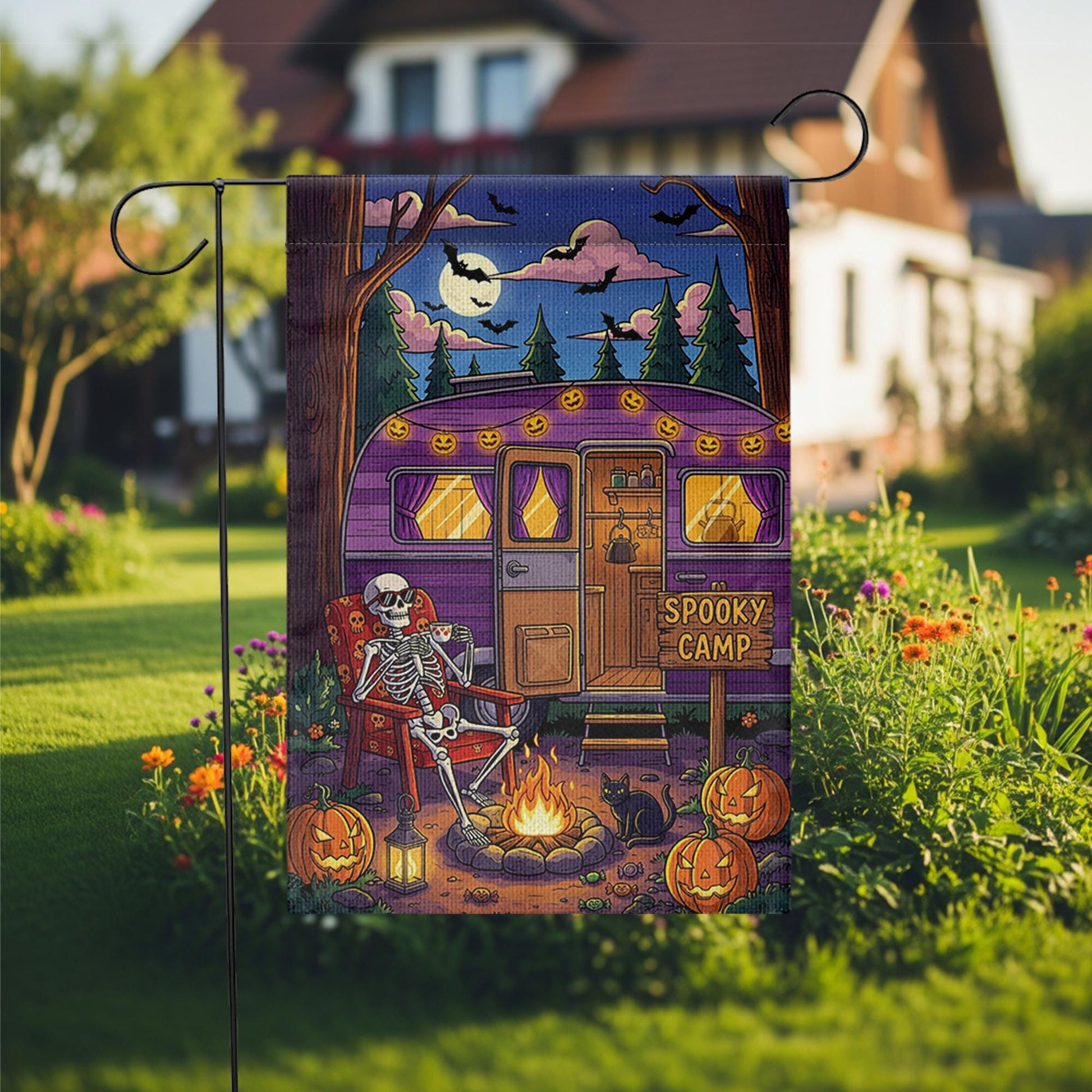 Spooky Camp Halloween Garden Flag – Skeleton Camper Firepit Yard Decor – Fall Camping Outdoor Sign